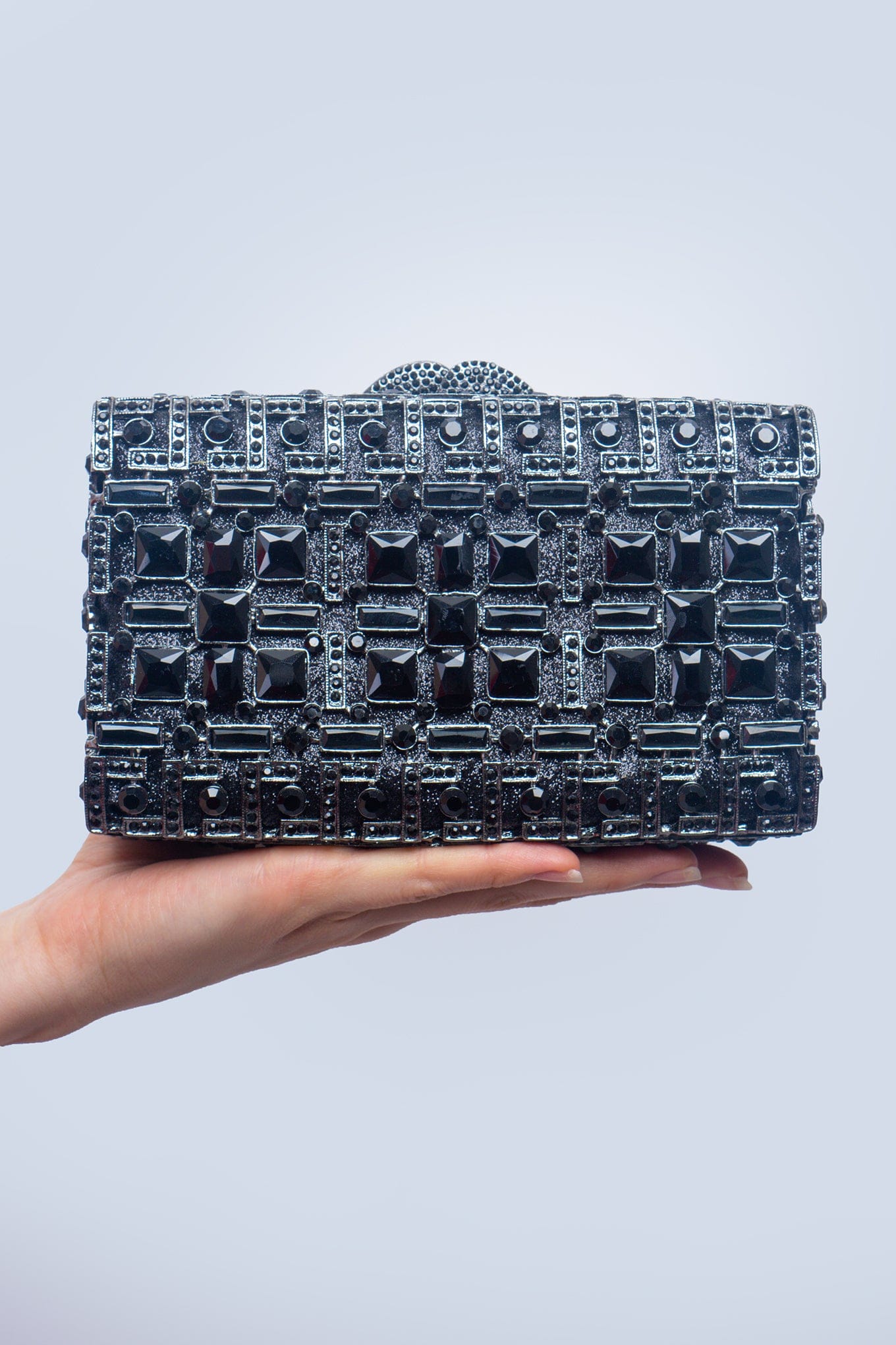 DCD CLUTCHES Black Black Rhinestone Rectangular Box Clutch