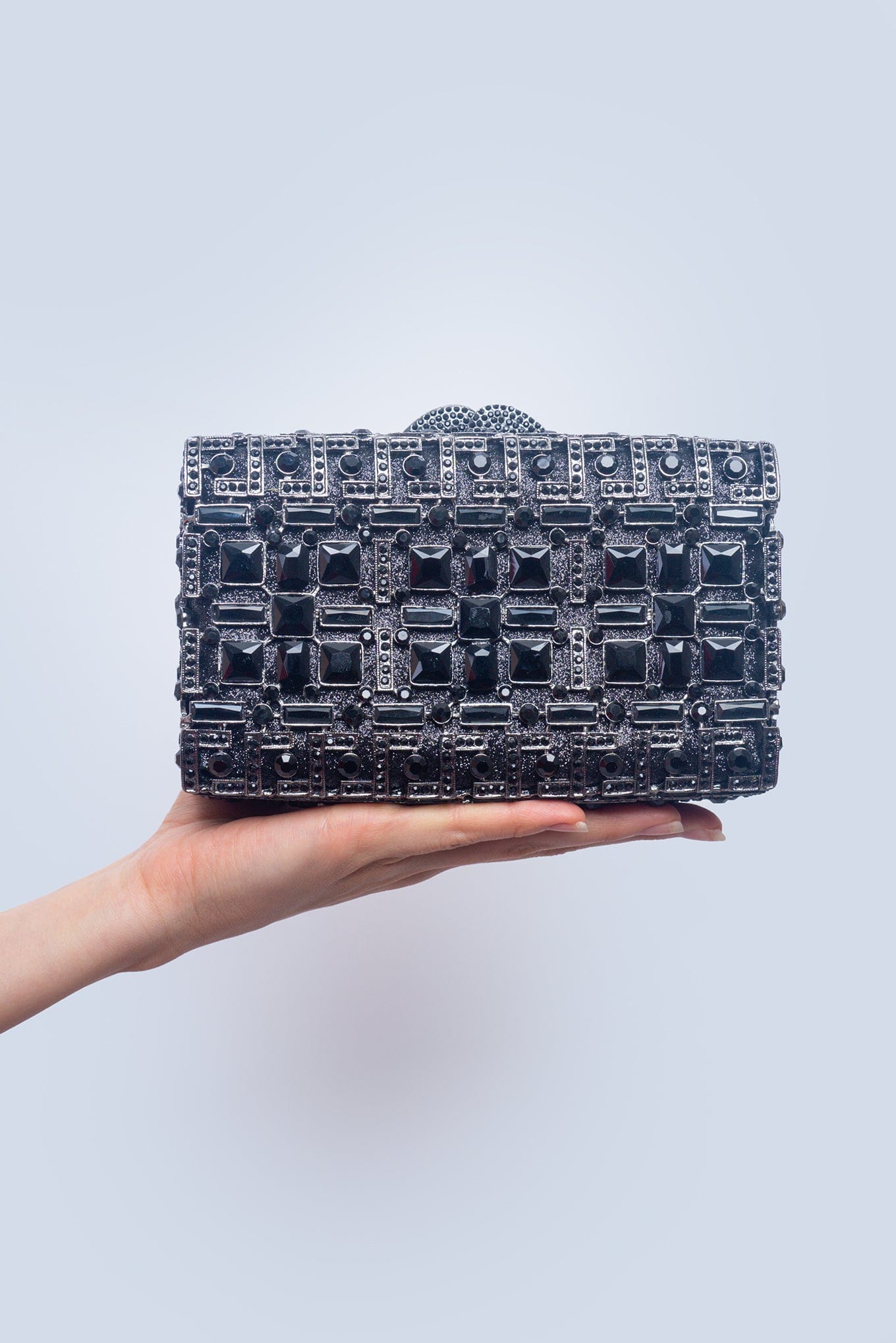 DCD CLUTCHES Black Black Rhinestone Rectangular Box Clutch