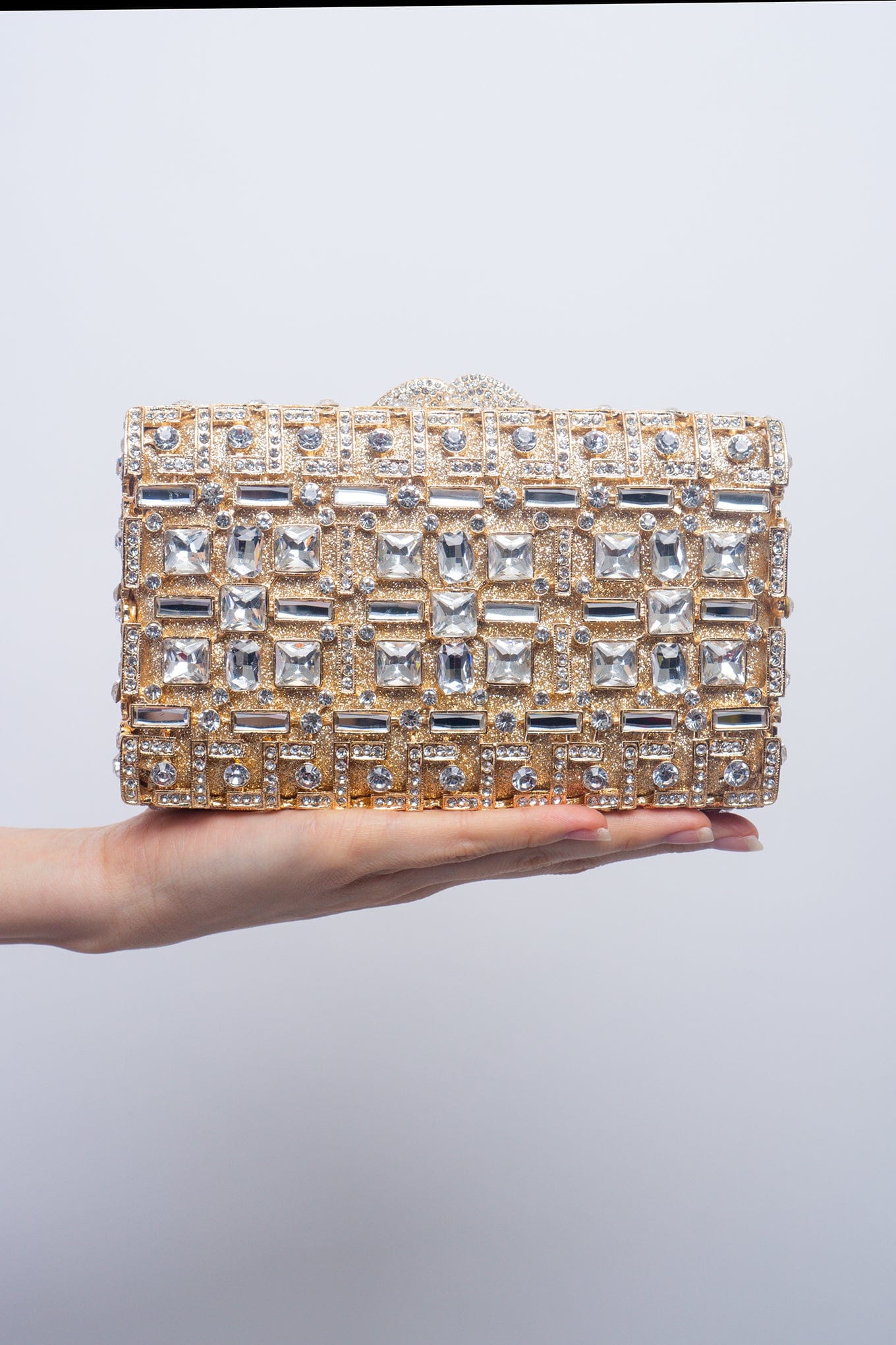 DCD CLUTCHES Gold Gold  Rhinestone Rectangular Box Clutch