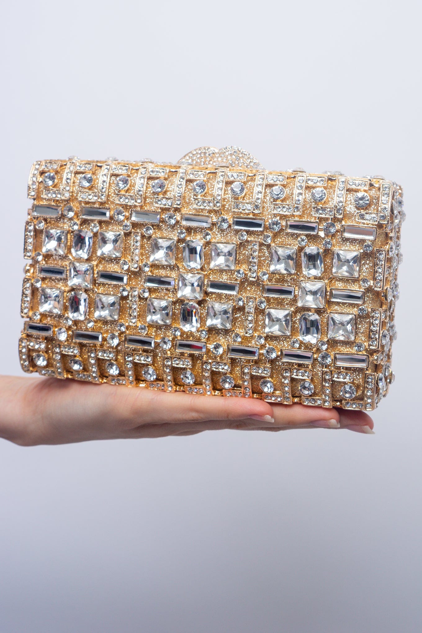 DCD CLUTCHES Gold Gold  Rhinestone Rectangular Box Clutch