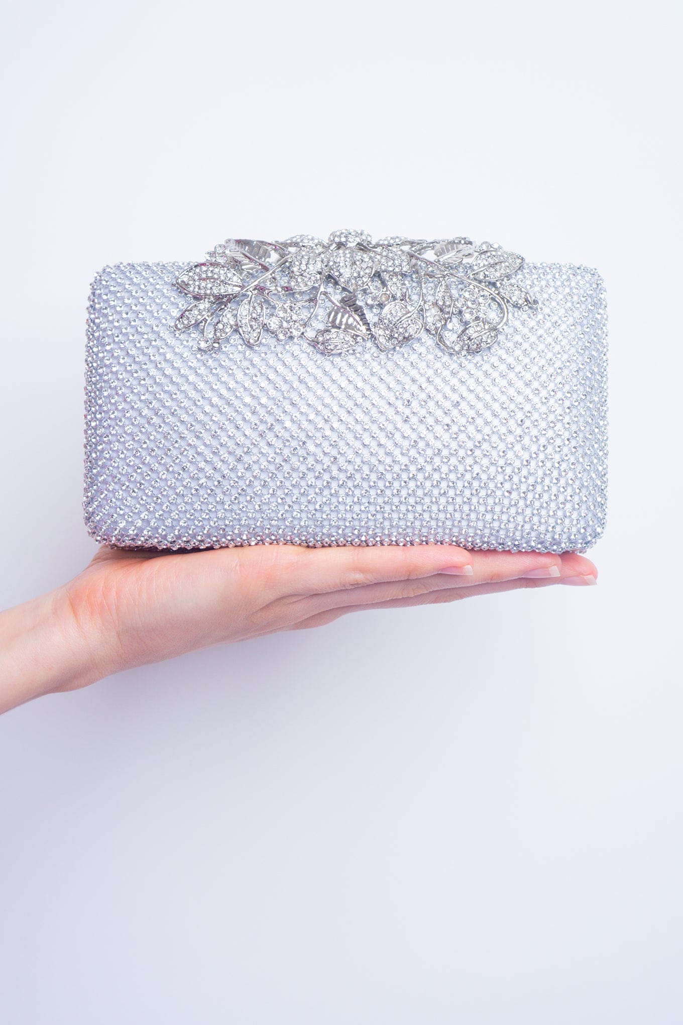 DCD CLUTCHES Silver Floral Closure Rhinestone Clutch