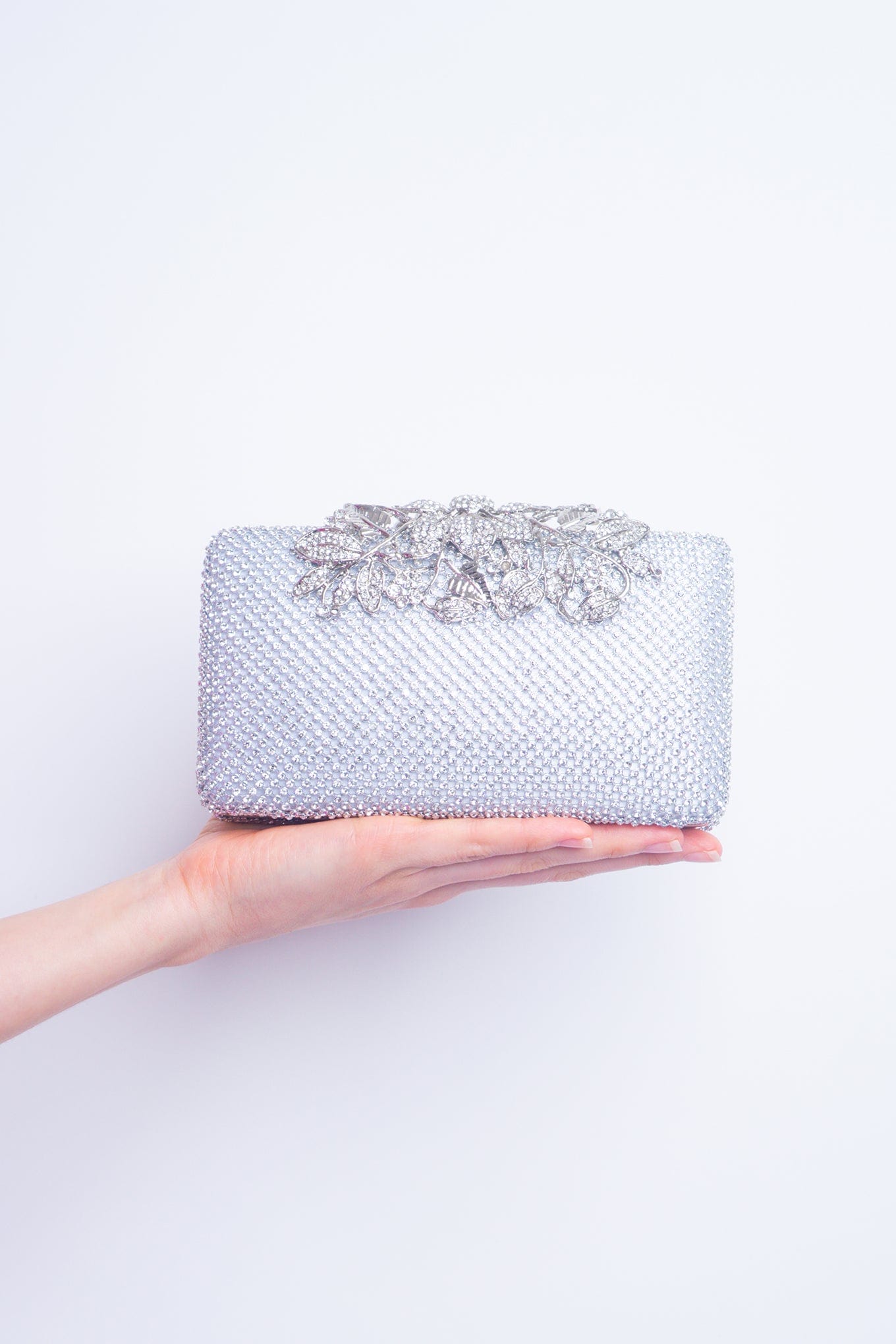 DCD CLUTCHES Silver Floral Closure Rhinestone Clutch