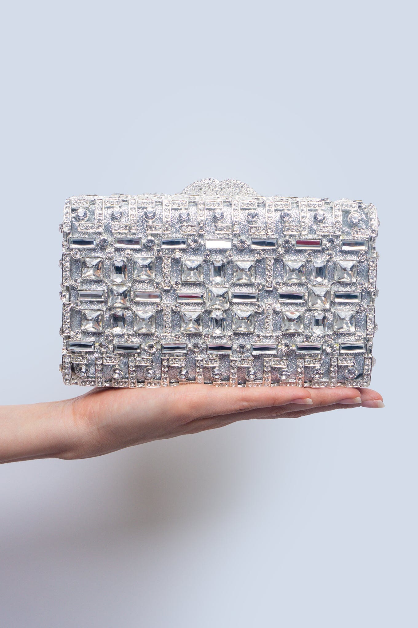 DCD CLUTCHES Silver Silver Rhinestone Rectangular Box Clutch