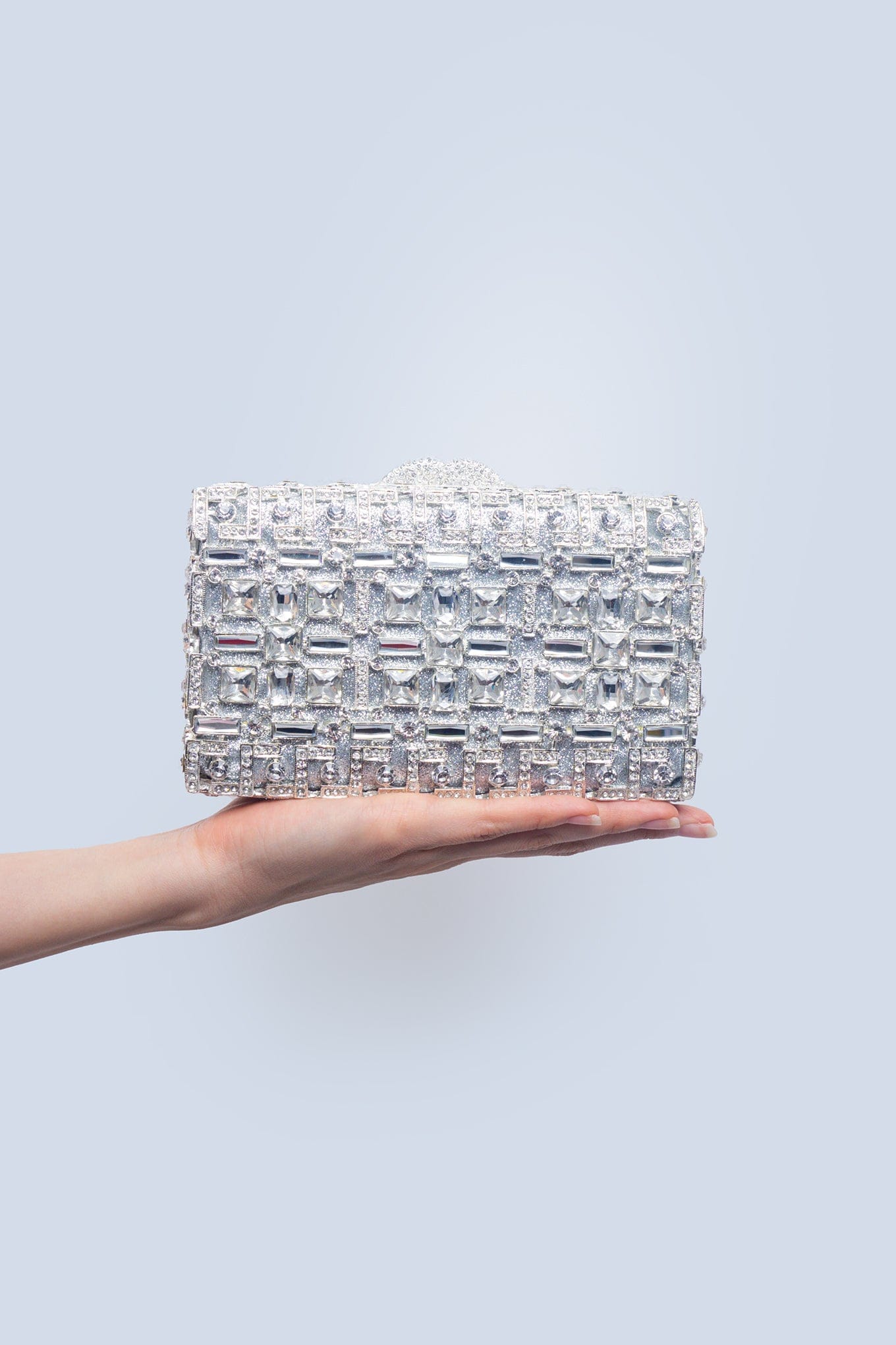 DCD CLUTCHES Silver Silver Rhinestone Rectangular Box Clutch