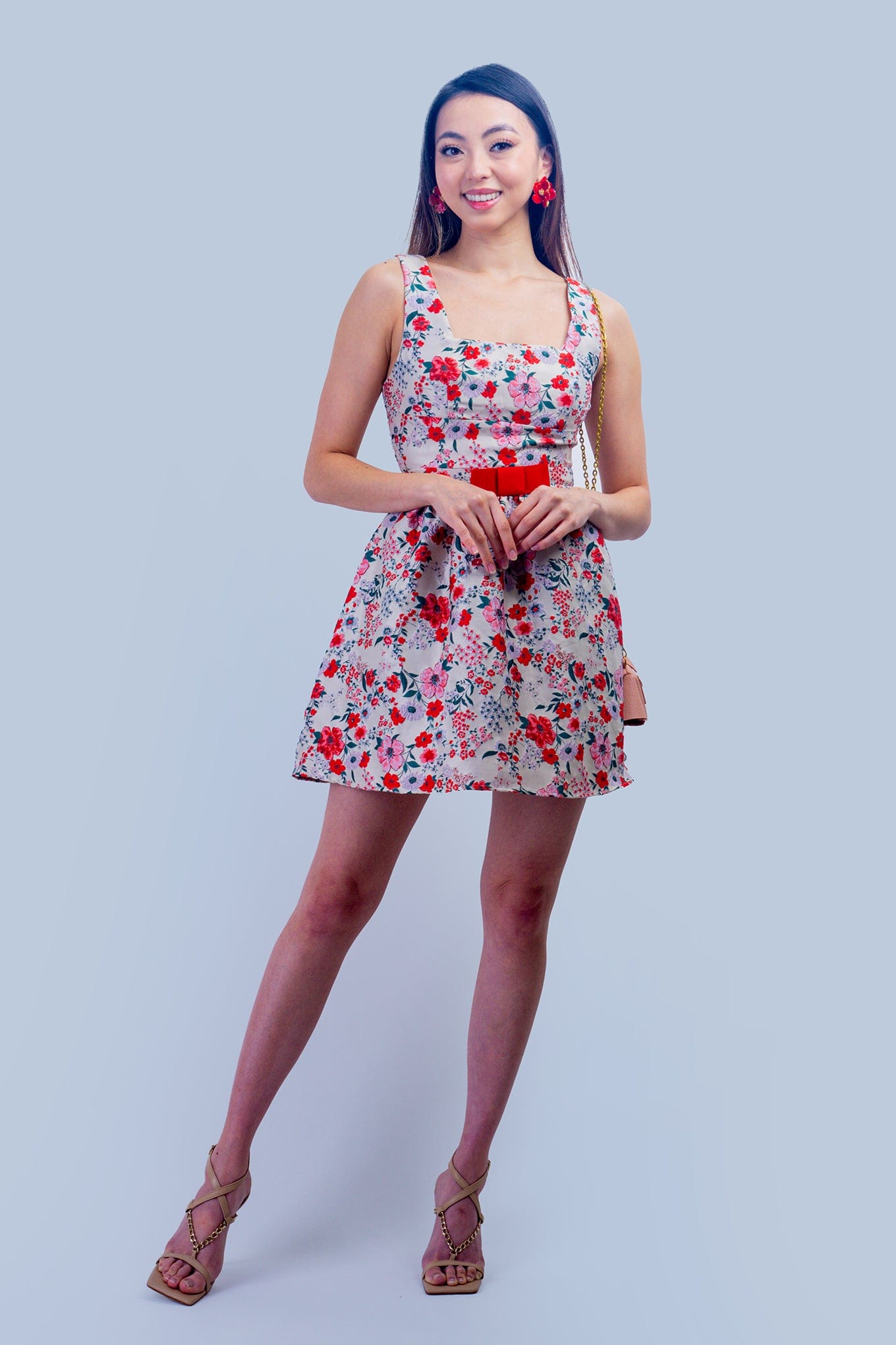 DCD Dresses Beige, Red & Green Floral Red Bow Dress