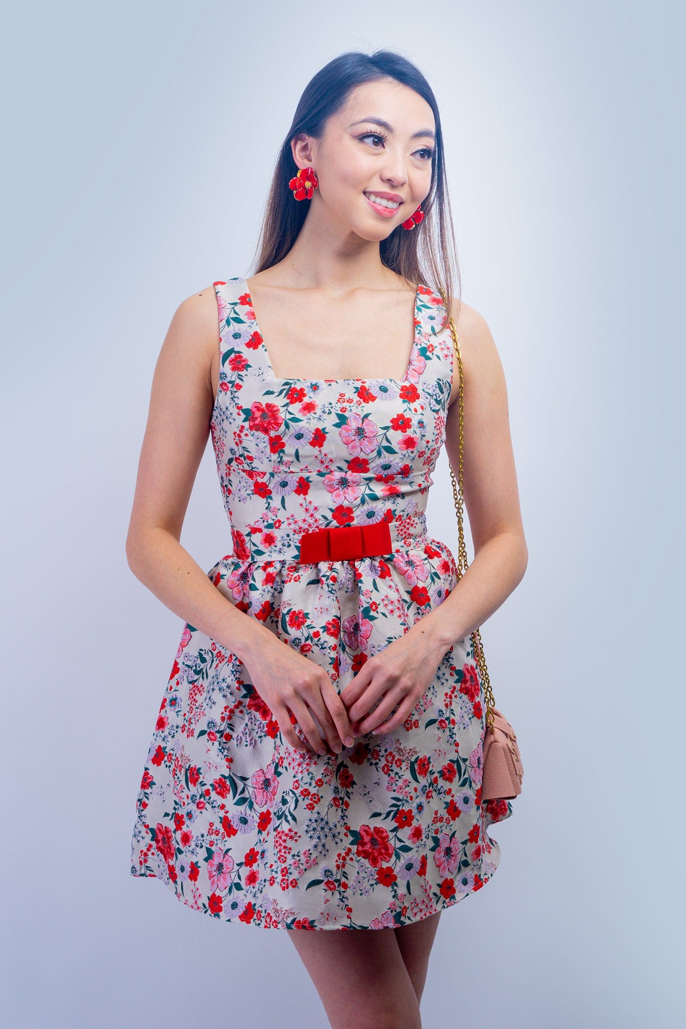 DCD Dresses Beige, Red & Green Floral Red Bow Dress