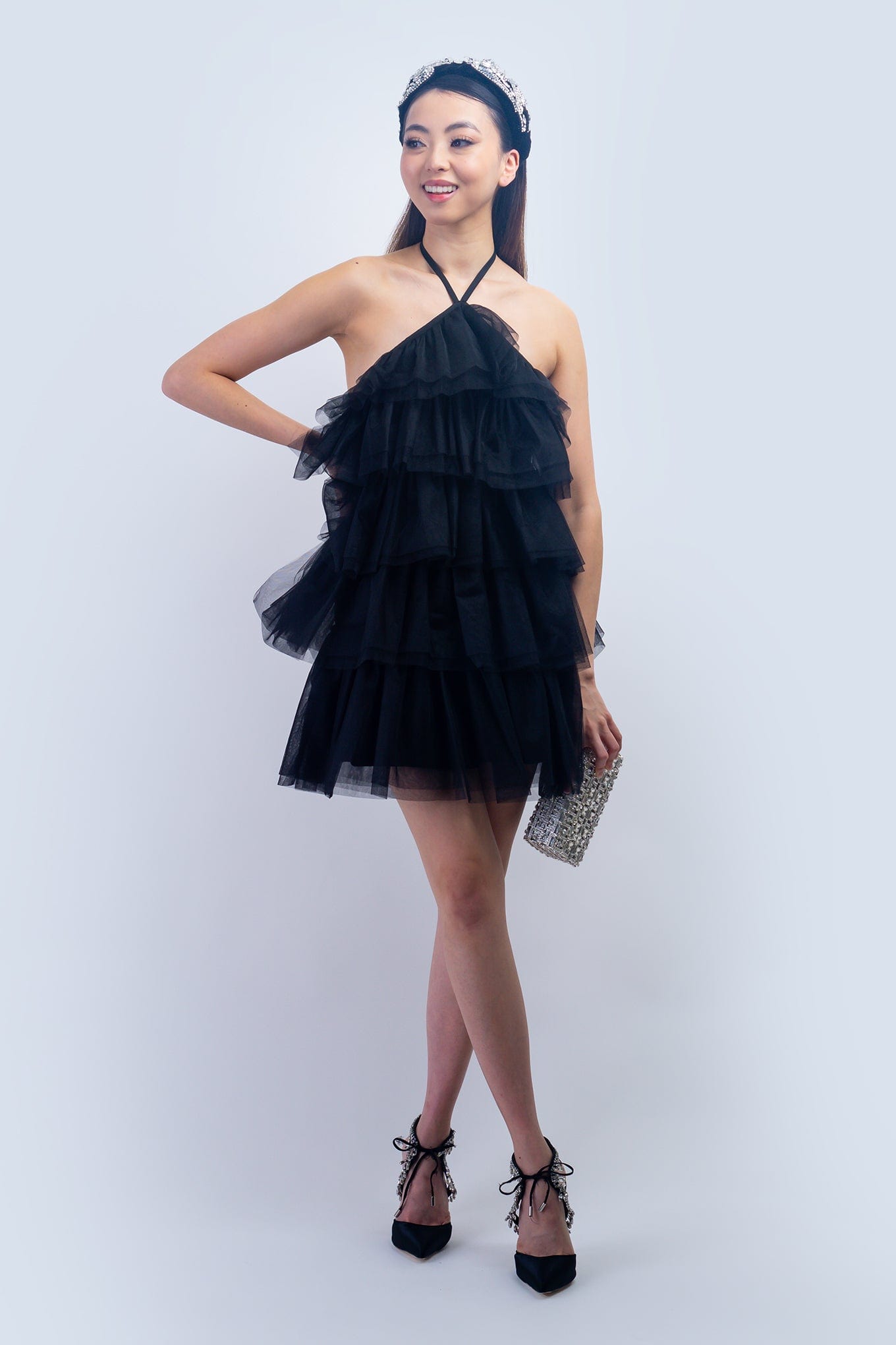 DCD DRESSES Black Halter Neck Tulle Ruffle Mini Dress