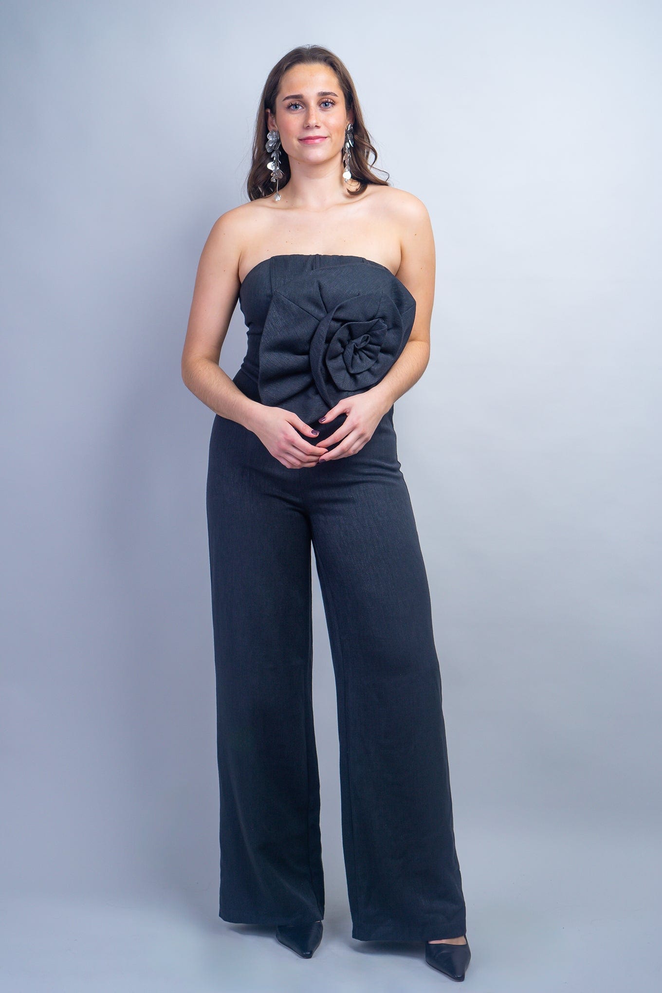 DCD DRESSES Black Linen Flower Strapless Jumpsuit