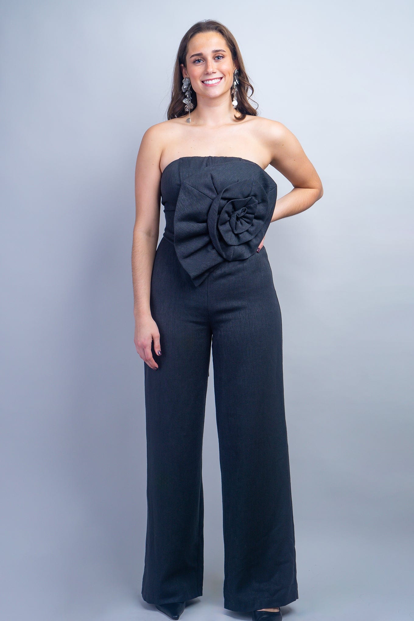 DCD DRESSES Black Linen Flower Strapless Jumpsuit