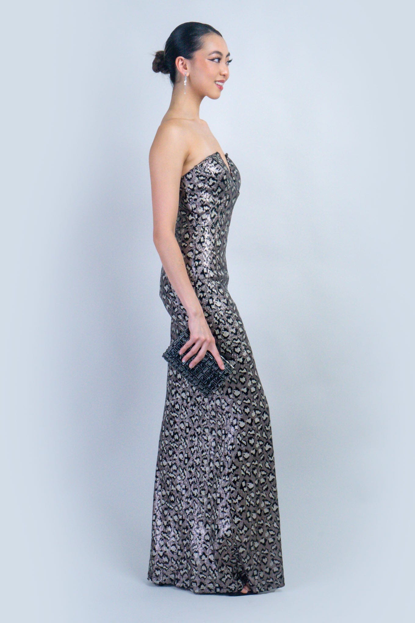 DCD DRESSES Black Multi Leopard Print Sequin Strapless Gown