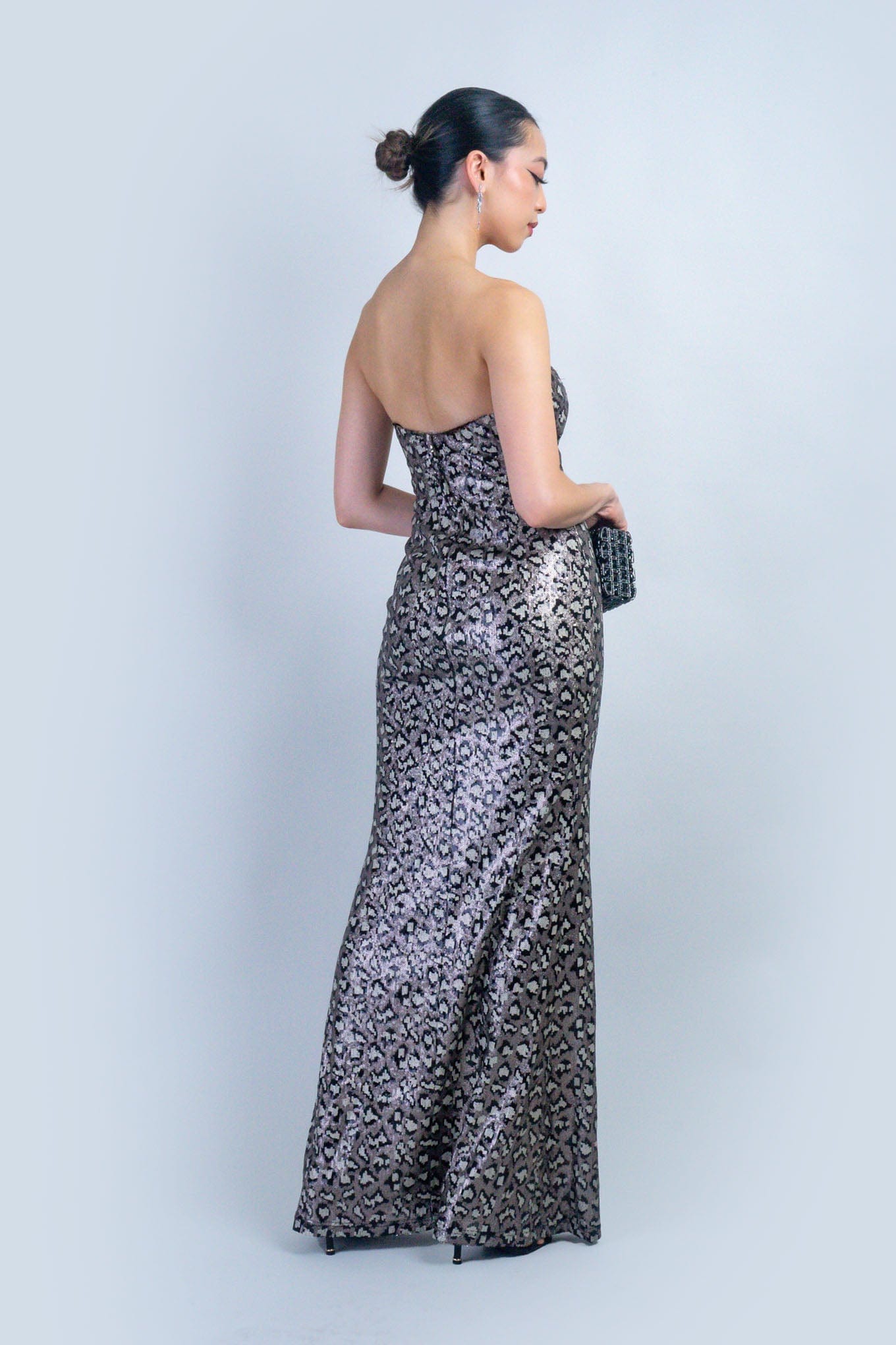 DCD DRESSES Black Multi Leopard Print Sequin Strapless Gown