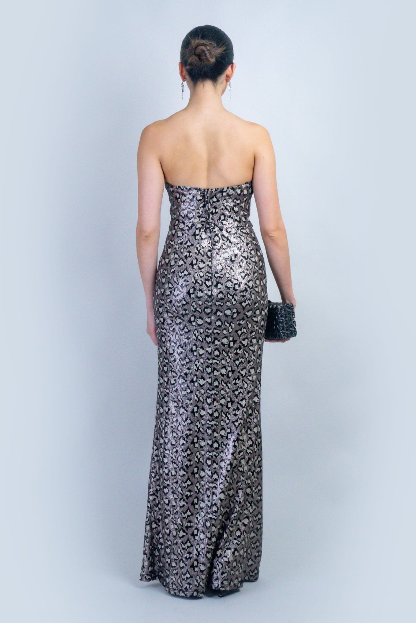 DCD DRESSES Black Multi Leopard Print Sequin Strapless Gown