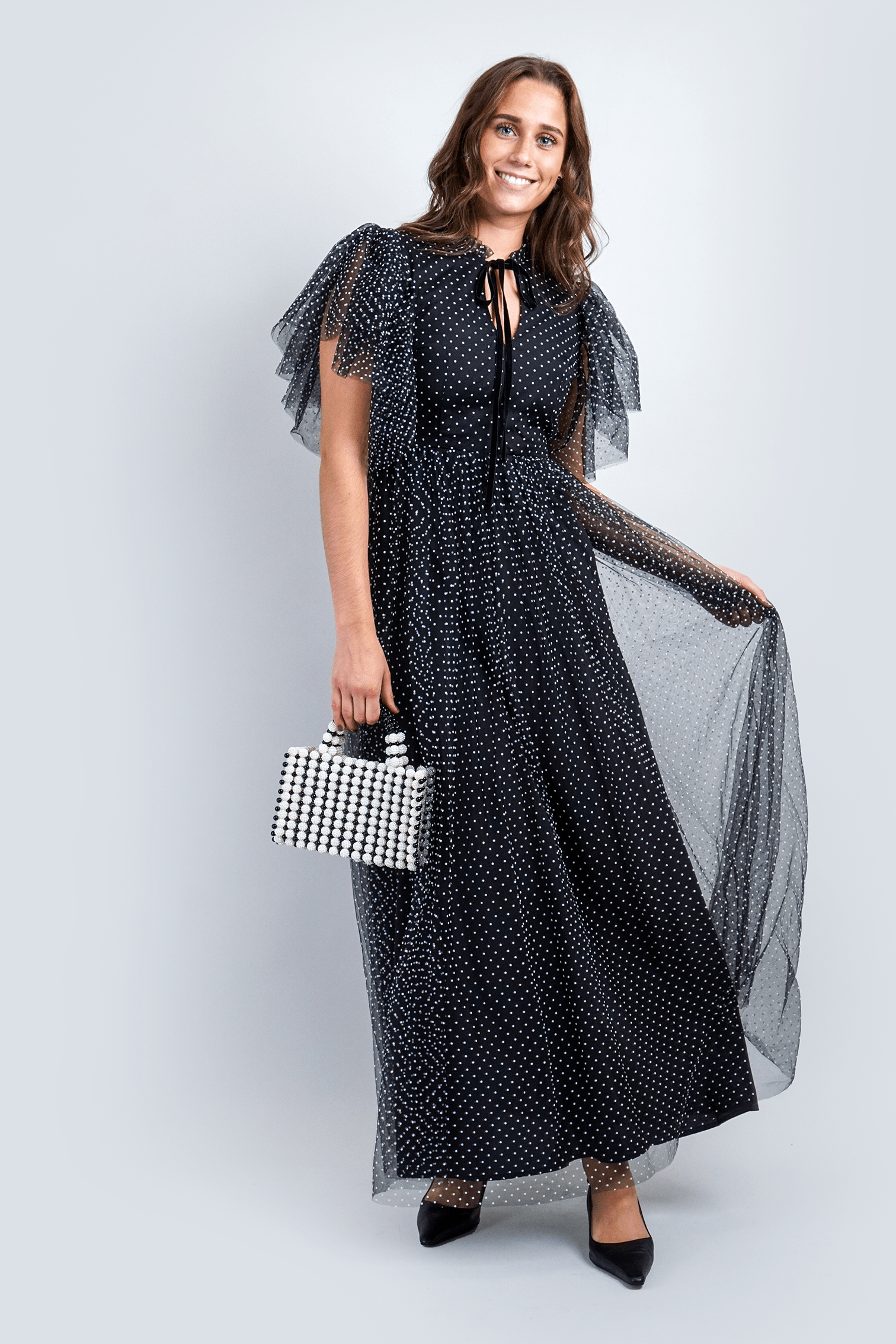 DCD Dresses Black White Polka Dot Tulle Maxi Dress