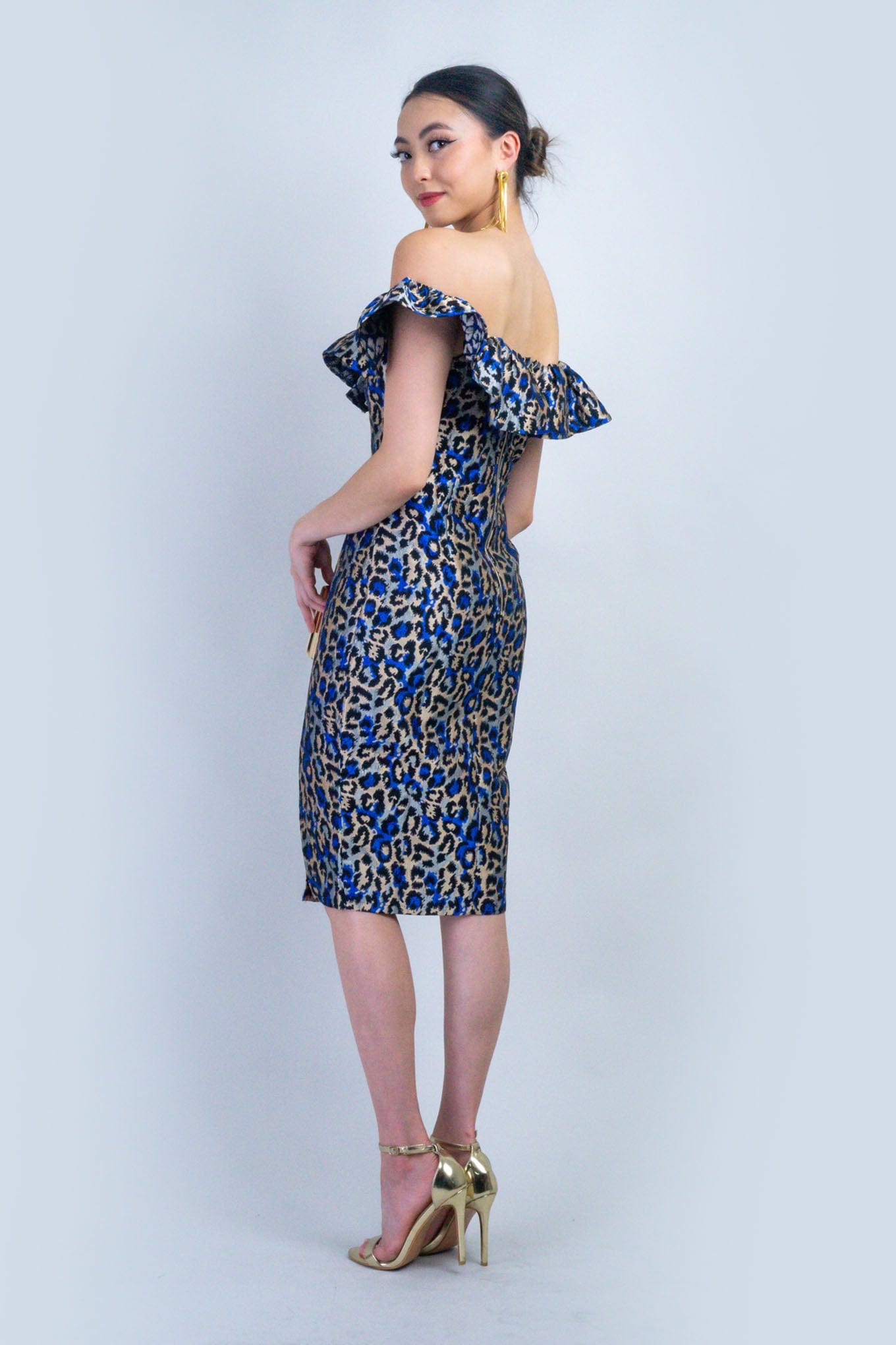 DCD DRESSES Blk/Blue Leopard Print Off Shoulder Dress