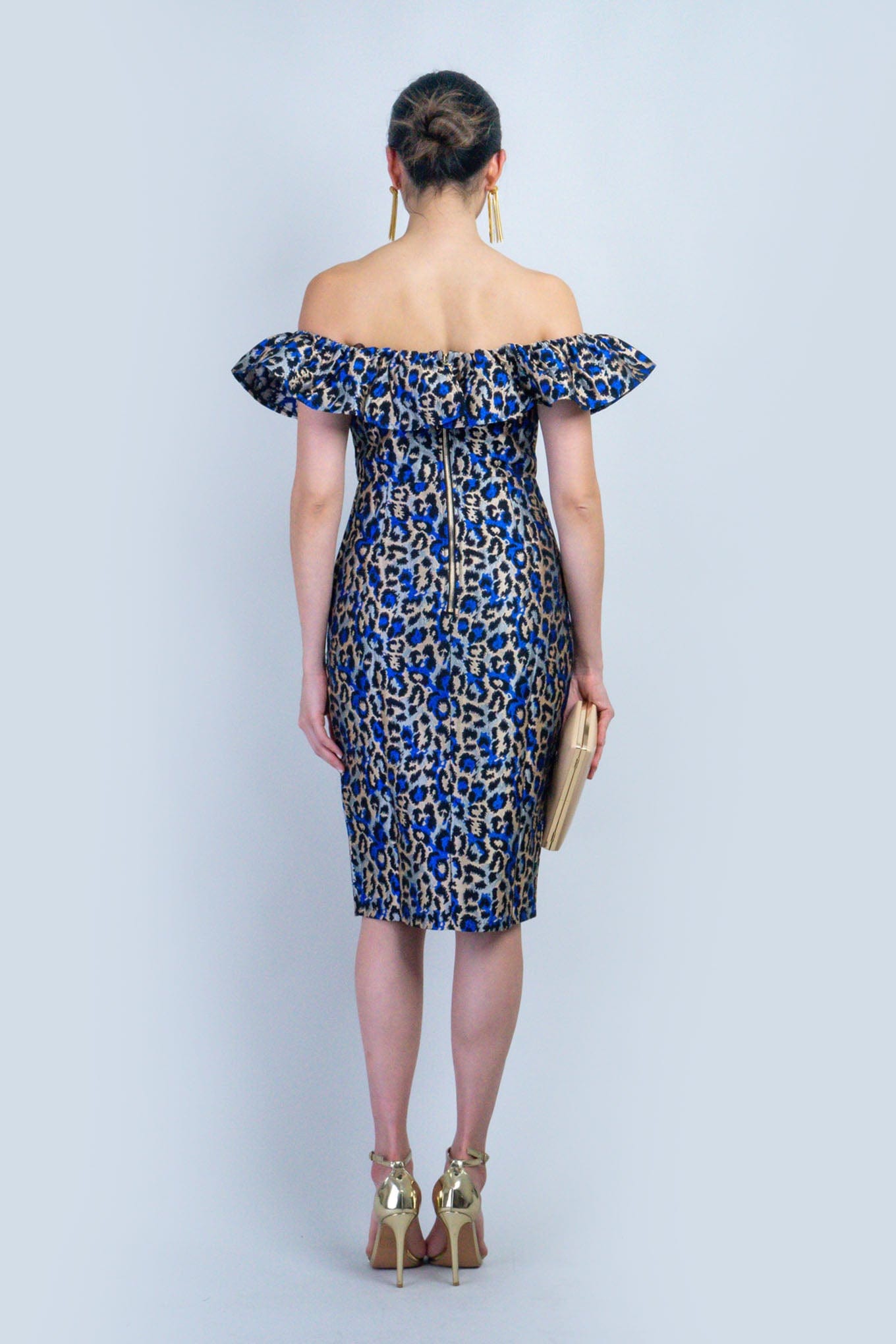 DCD DRESSES Blk/Blue Leopard Print Off Shoulder Dress