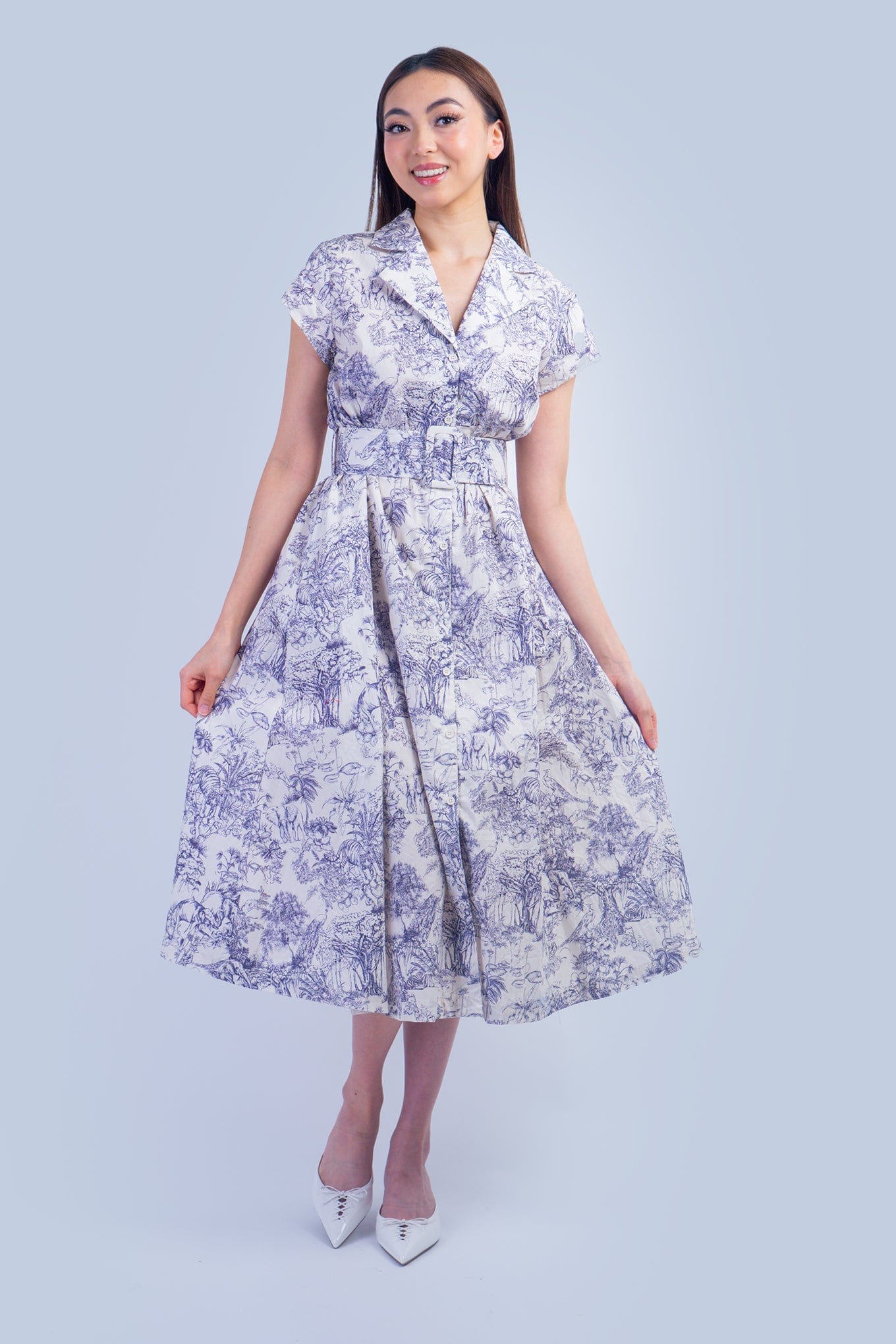 DCD DRESSES Blue and White English Country Side Print Shirt Dress