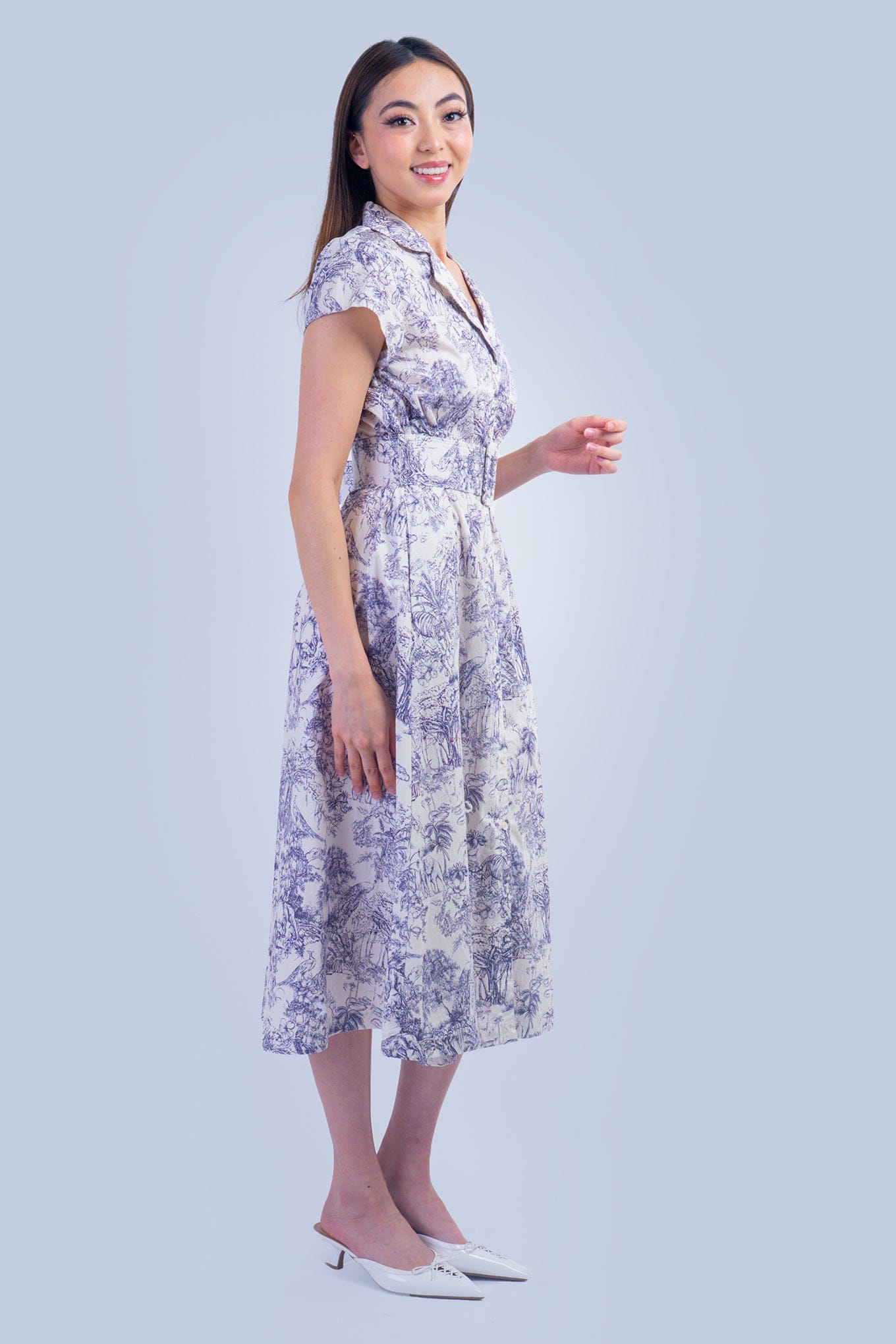 DCD DRESSES Blue and White English Country Side Print Shirt Dress