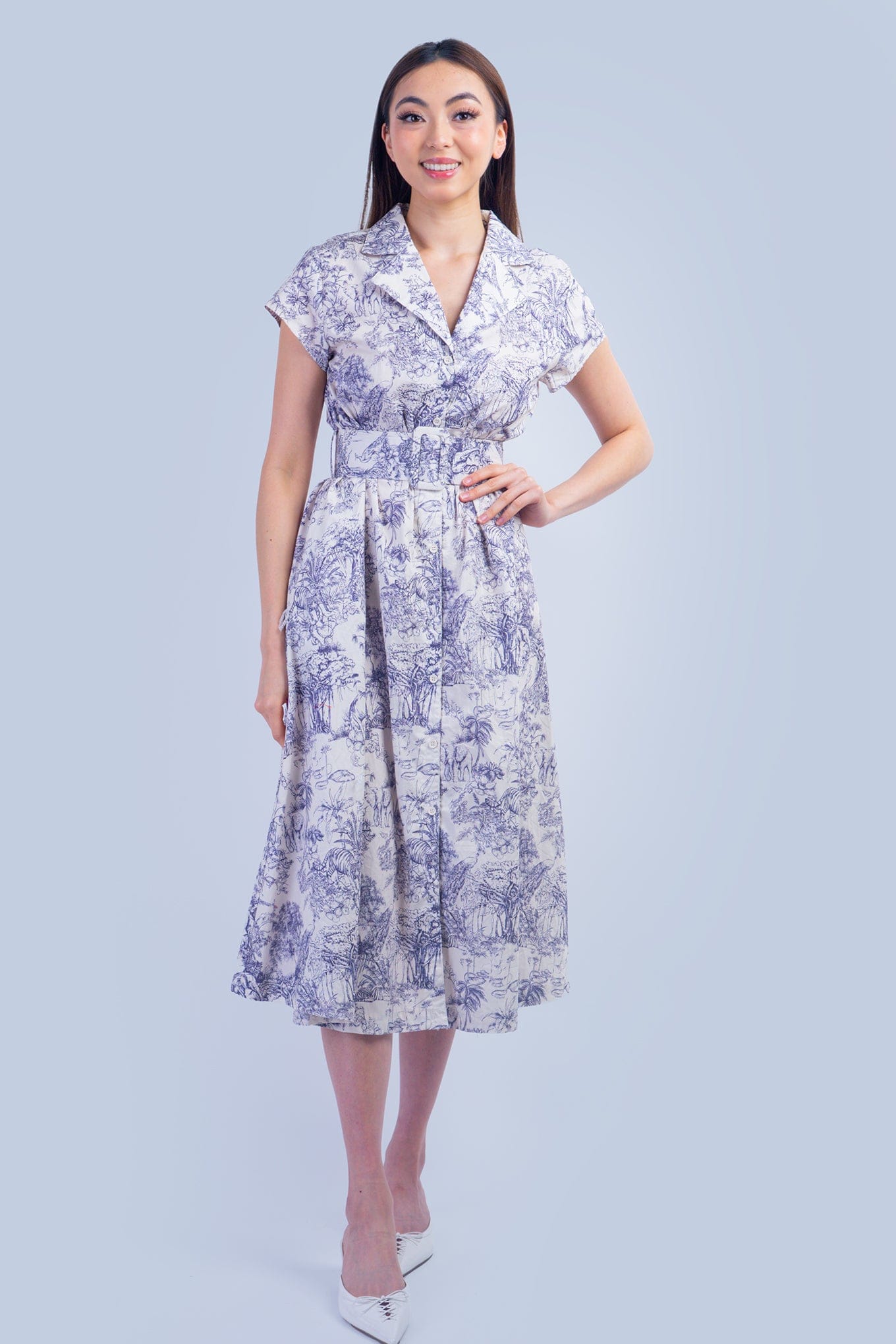 DCD DRESSES Blue and White English Country Side Print Shirt Dress