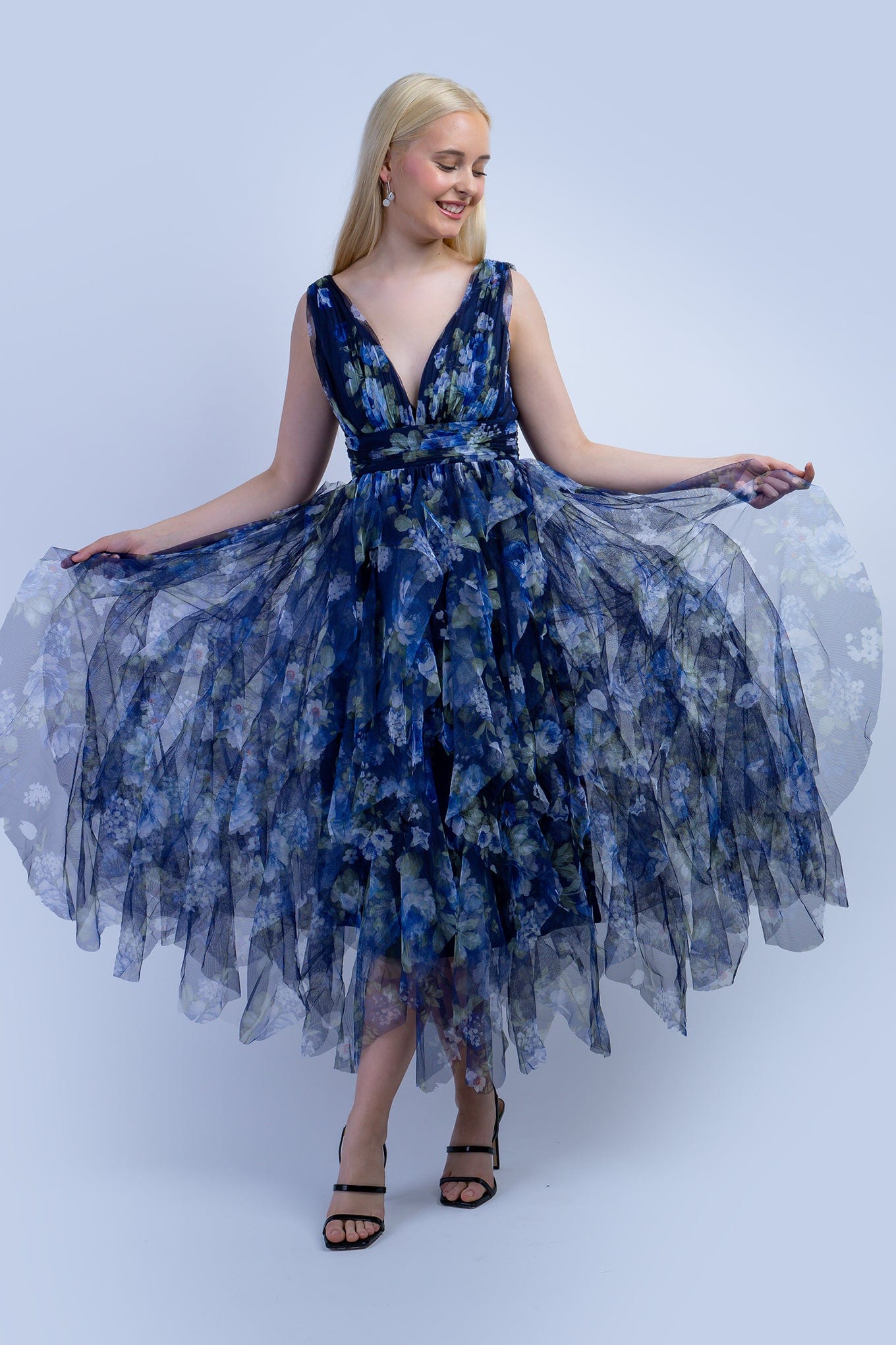 DCD DRESSES Blue Green Floral Tulle V Dress