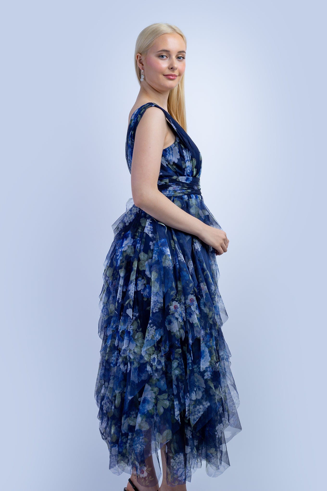 DCD DRESSES Blue Green Floral Tulle V Dress