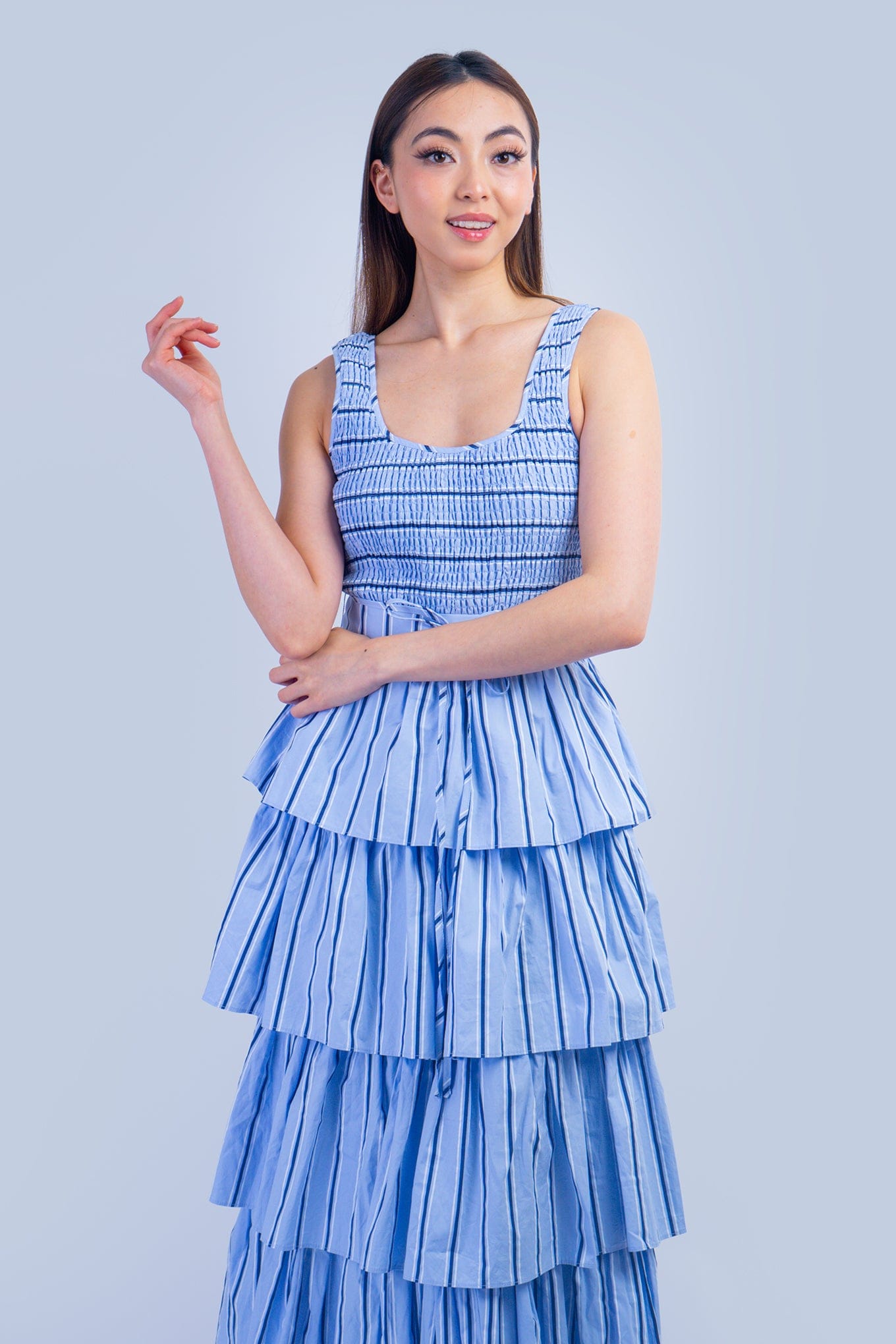 DCD DRESSES Blue Pin Stripe Smocked Bodice Tiered Midi Dress