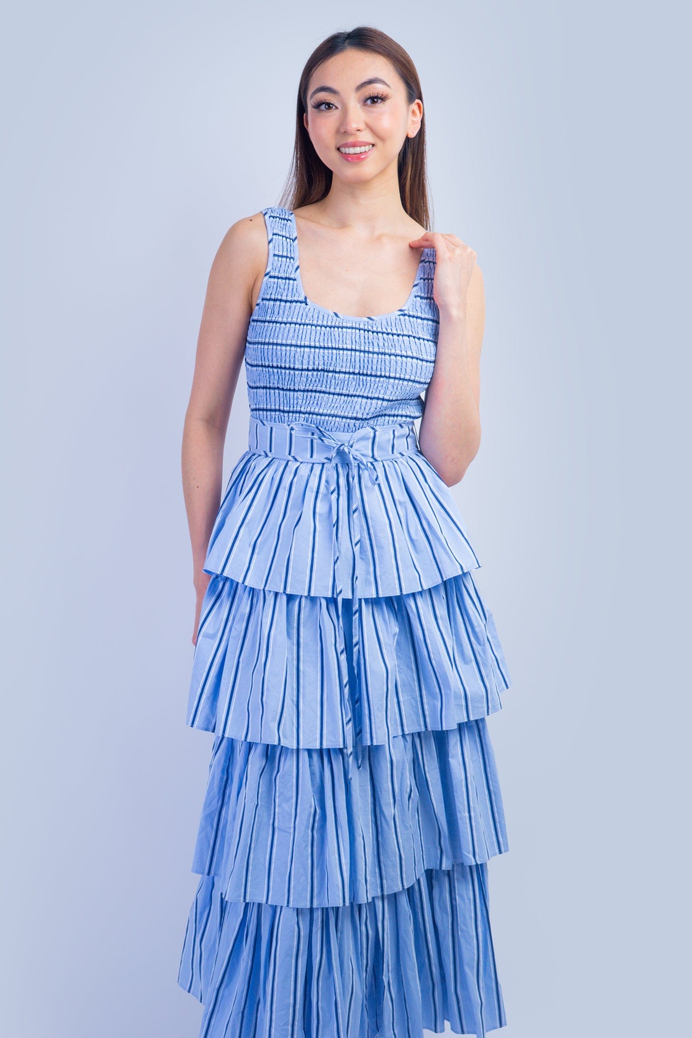 DCD DRESSES Blue Pin Stripe Smocked Bodice Tiered Midi Dress