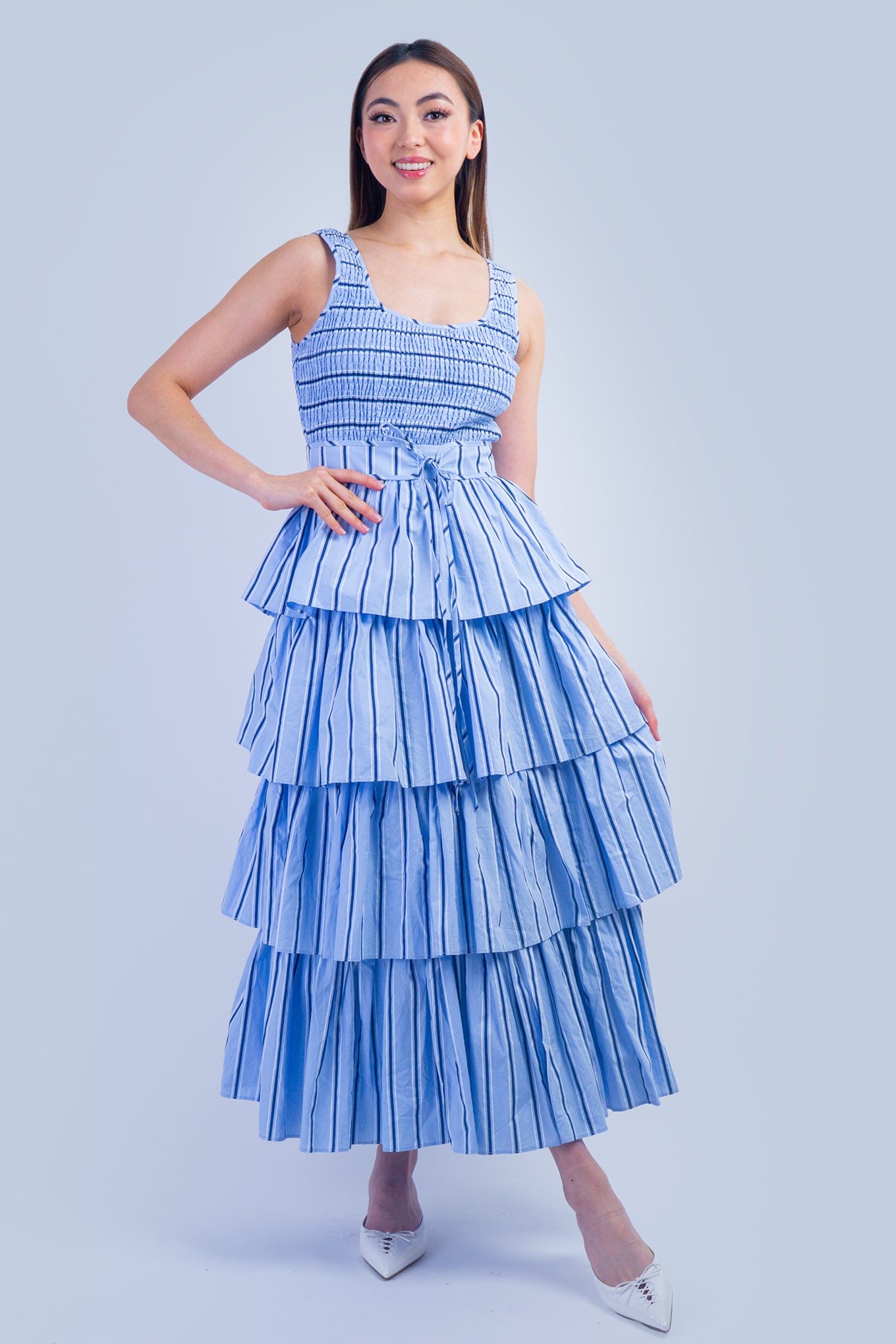 DCD DRESSES Blue Pin Stripe Smocked Bodice Tiered Midi Dress