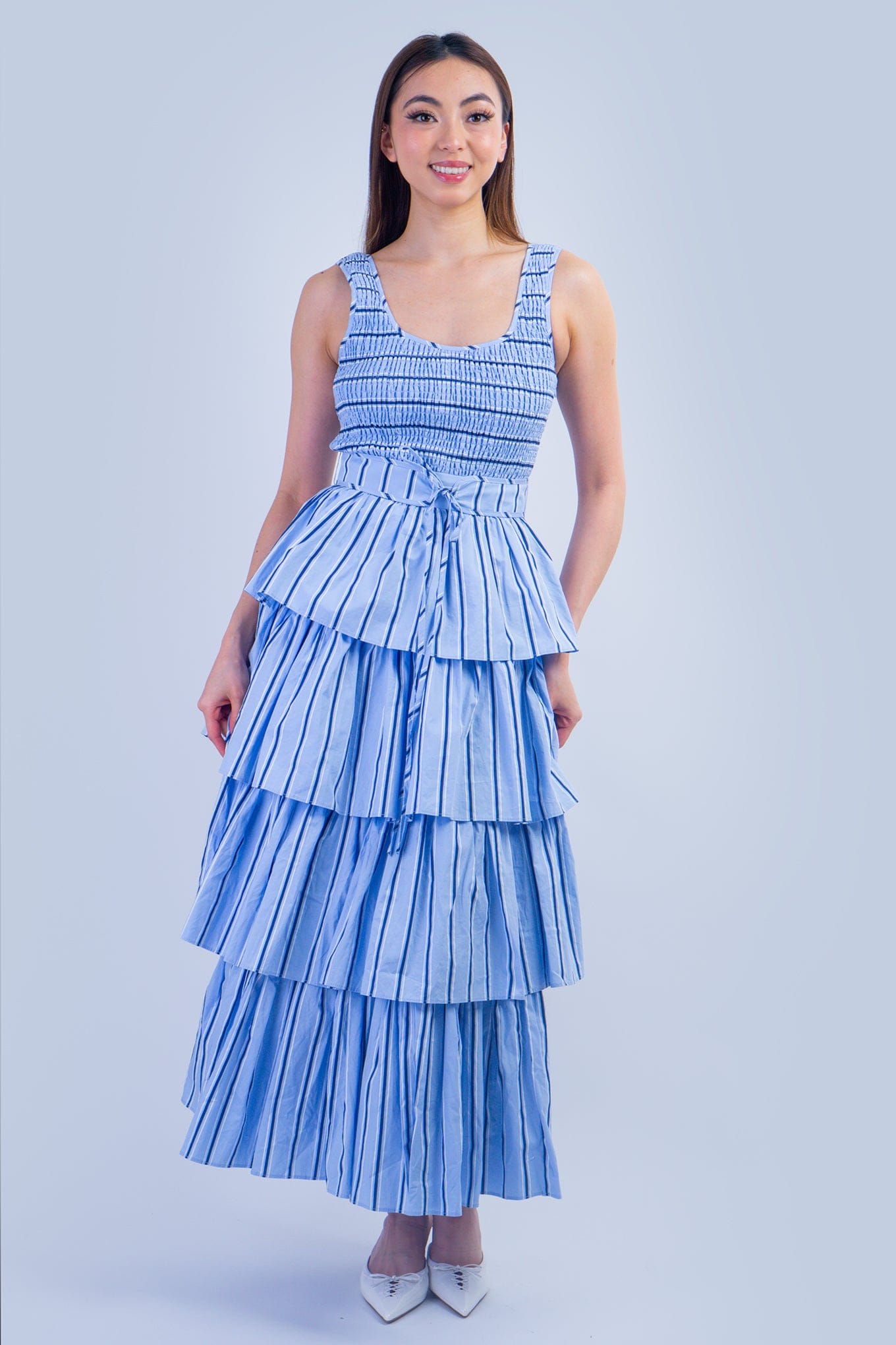 DCD DRESSES Blue Pin Stripe Smocked Bodice Tiered Midi Dress