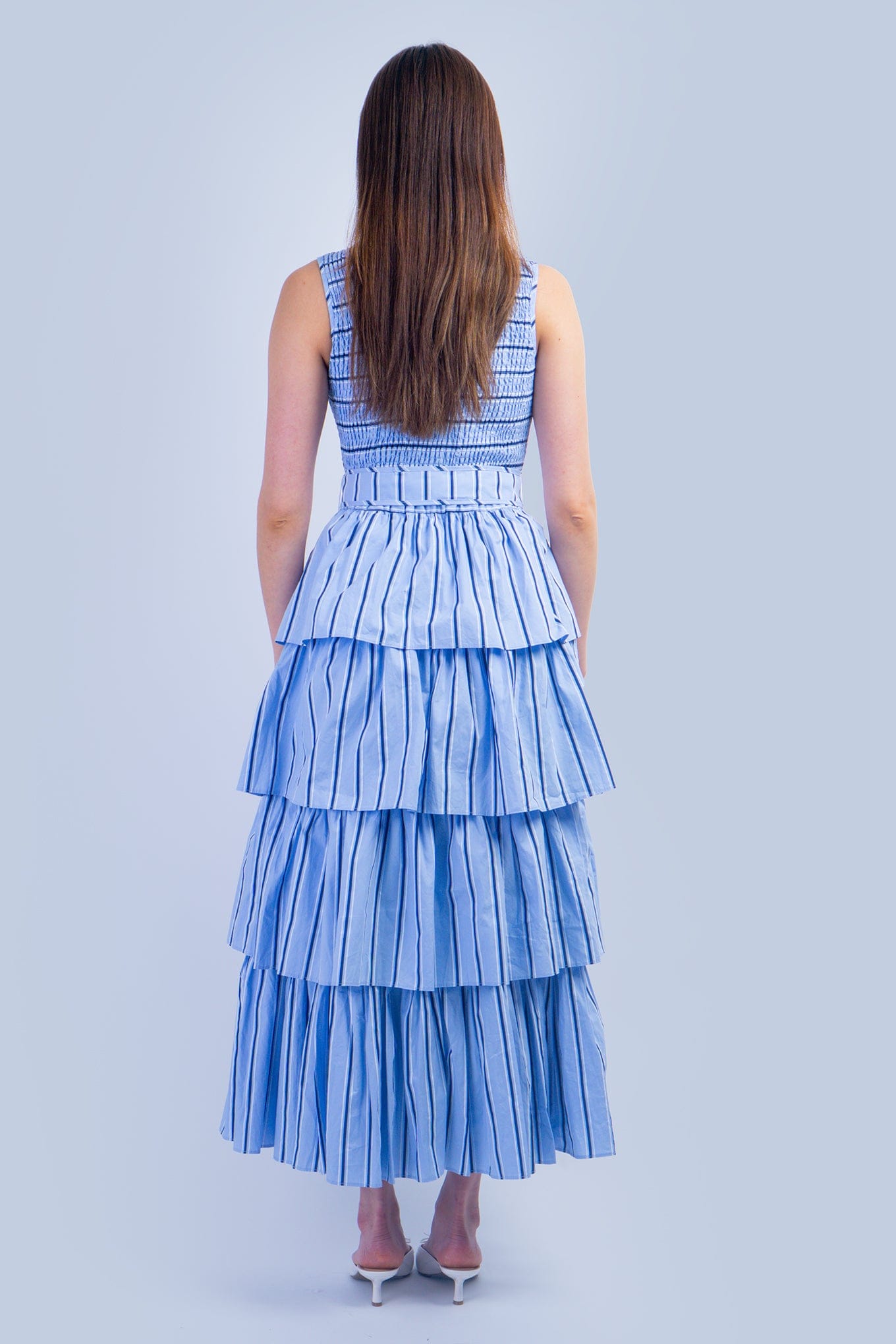 DCD DRESSES Blue Pin Stripe Smocked Bodice Tiered Midi Dress