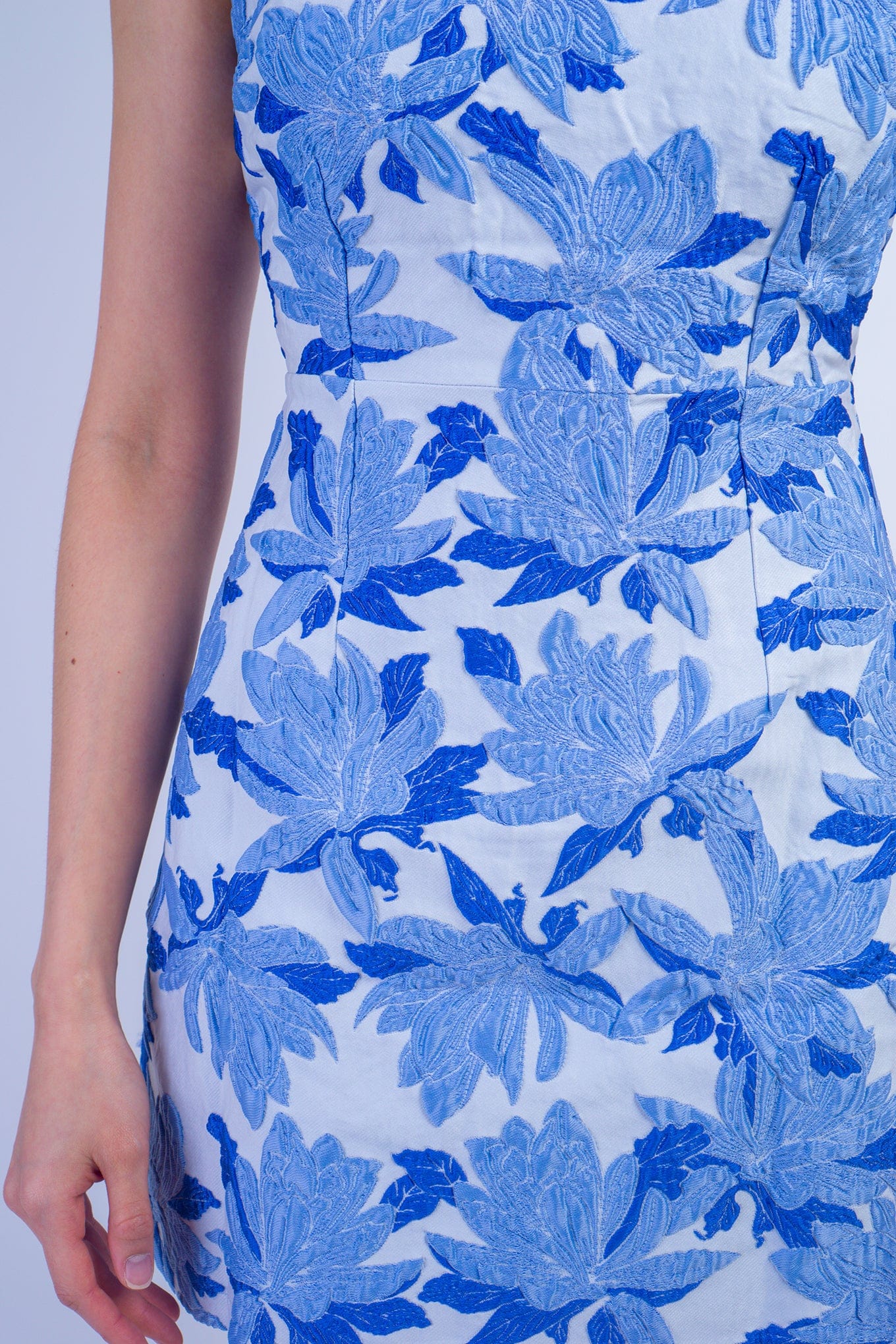 DCD DRESSES Blue White Floral Jacquard Halter Dress