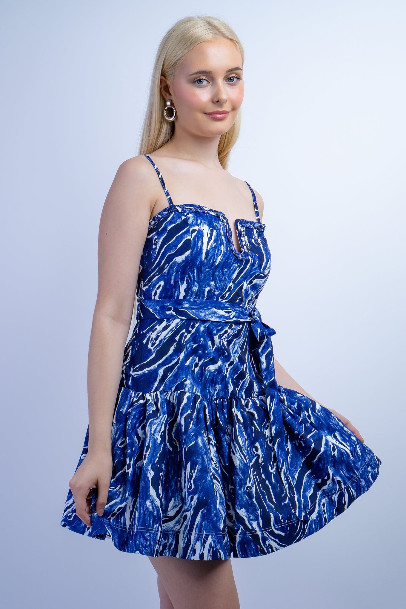 DCD DRESSES Blue White Marble Fit and Flared Dress