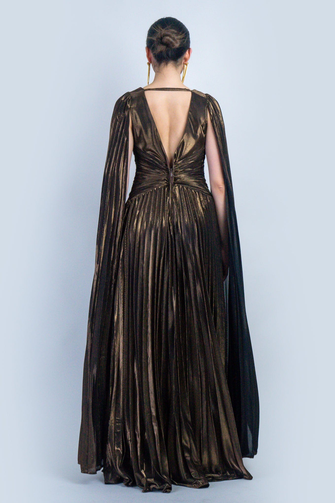 DCD DRESSES Bronze V-Neck Cape Sleeves Pleated Gown