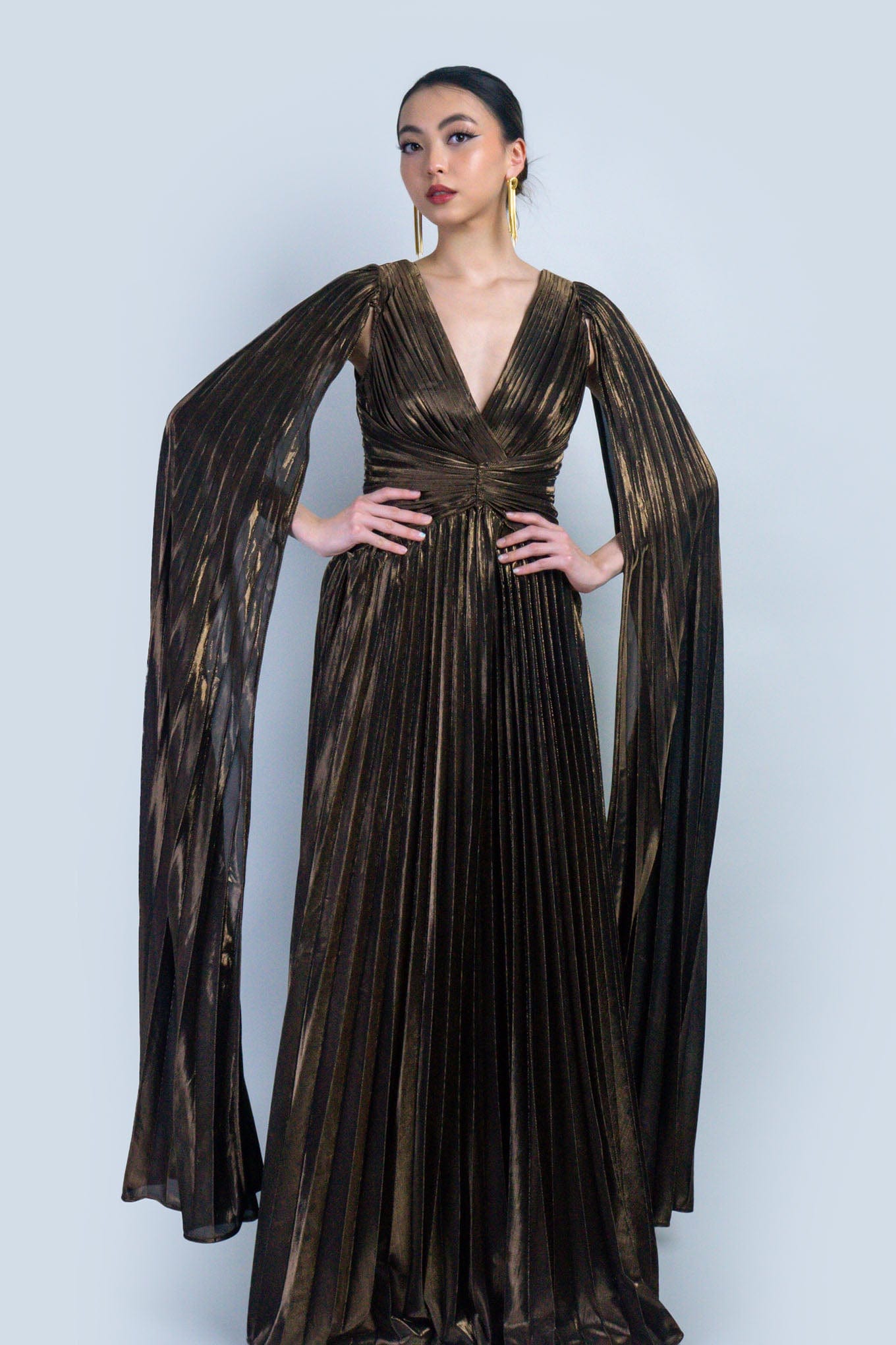 DCD DRESSES Bronze V-Neck Cape Sleeves Pleated Gown