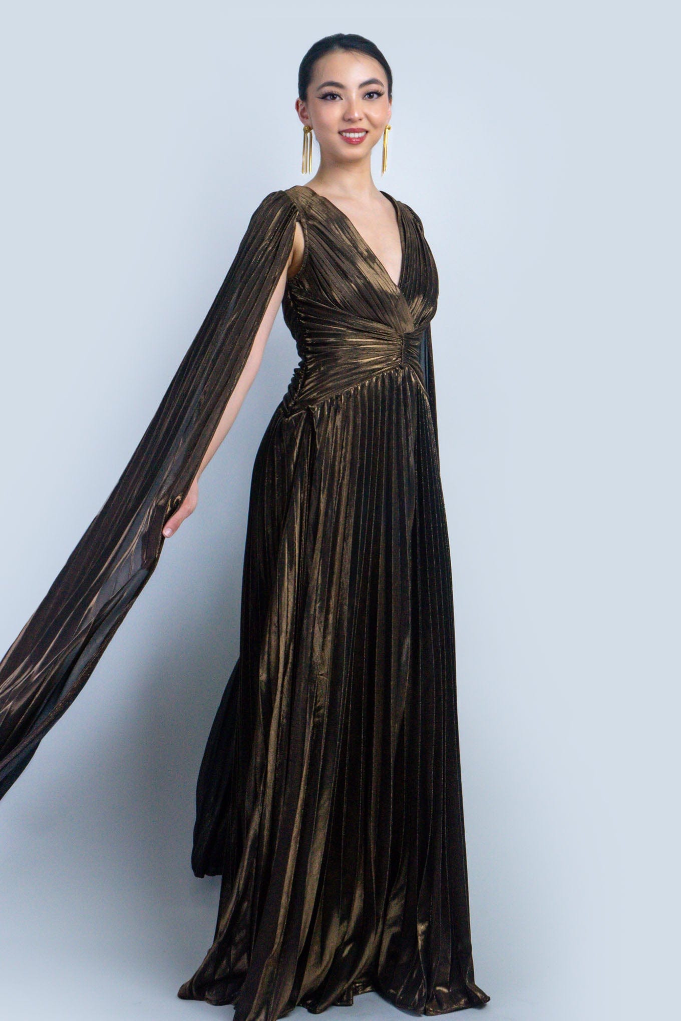 DCD DRESSES Bronze V-Neck Cape Sleeves Pleated Gown