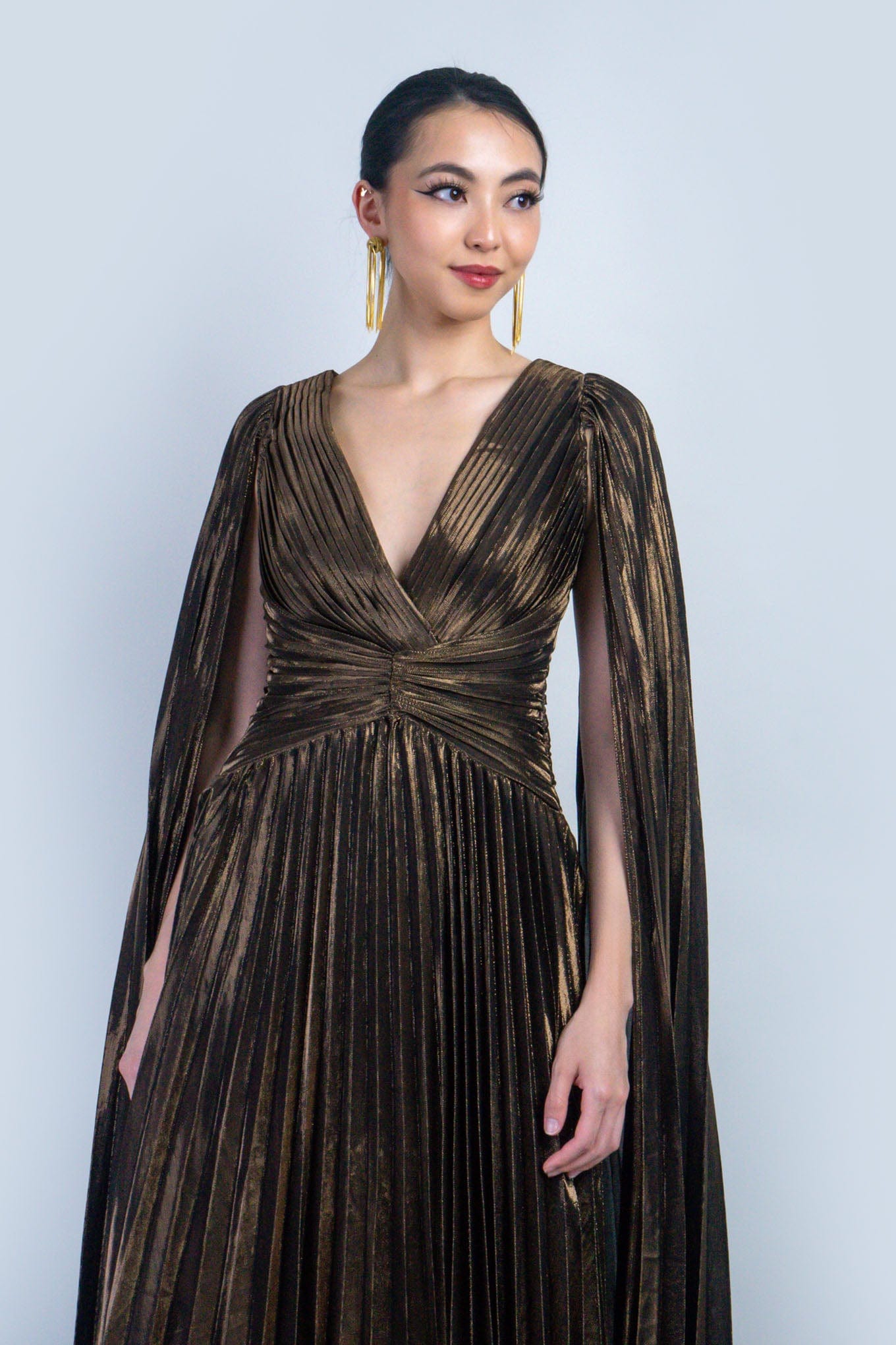 DCD DRESSES Bronze V-Neck Cape Sleeves Pleated Gown