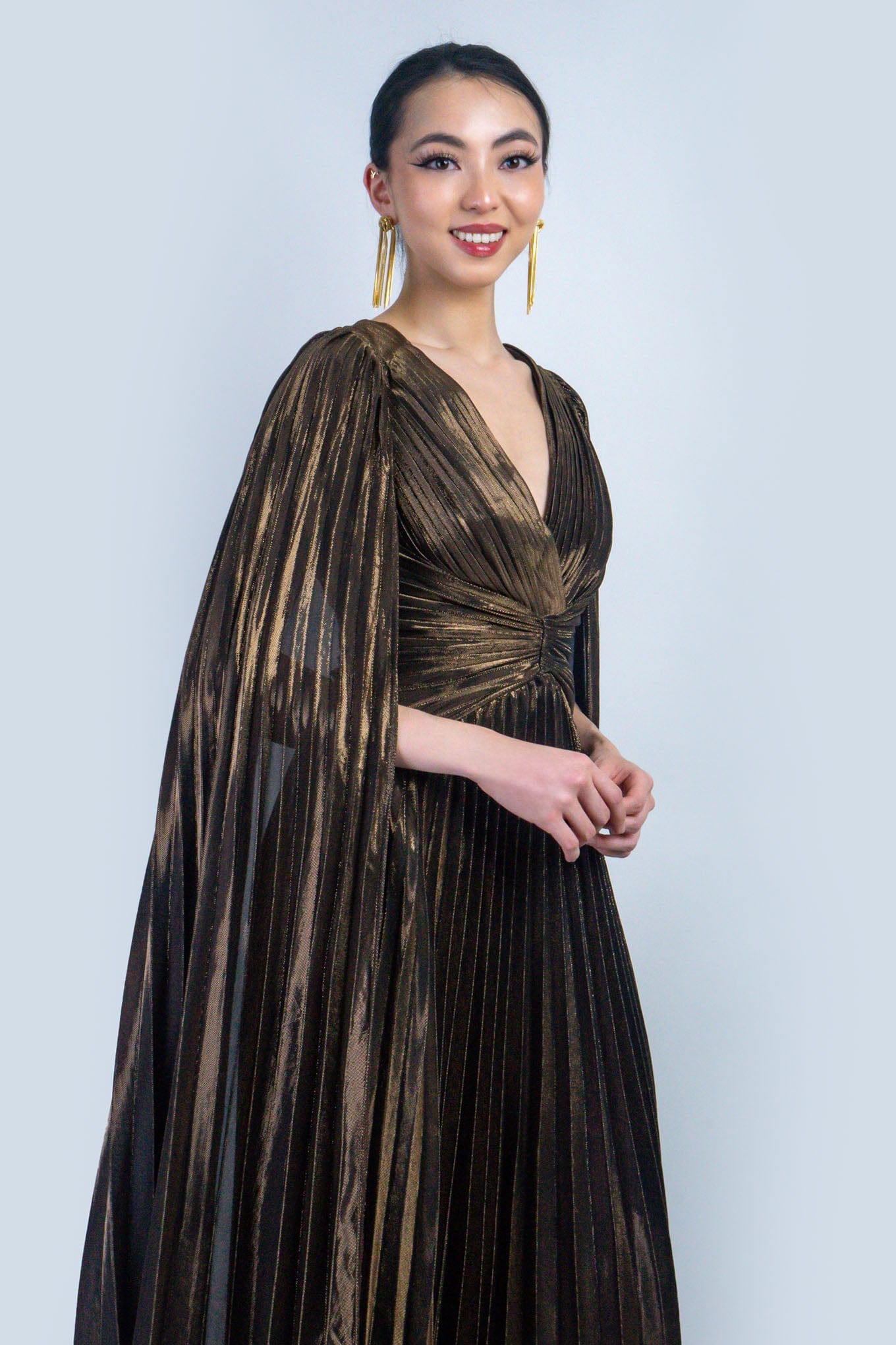 DCD DRESSES Bronze V-Neck Cape Sleeves Pleated Gown