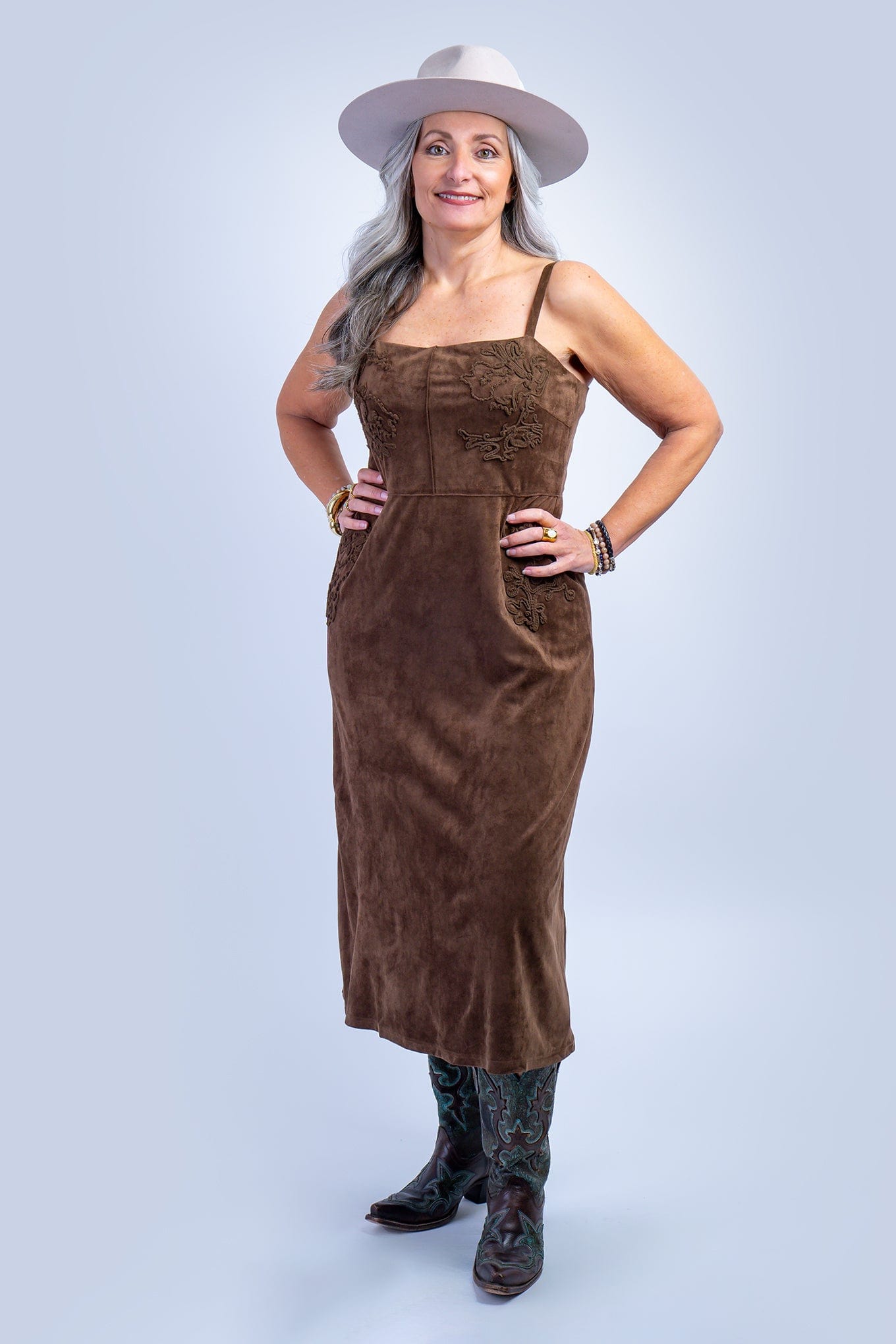 DCD DRESSES Brown Suede Embroidered Midi Dress