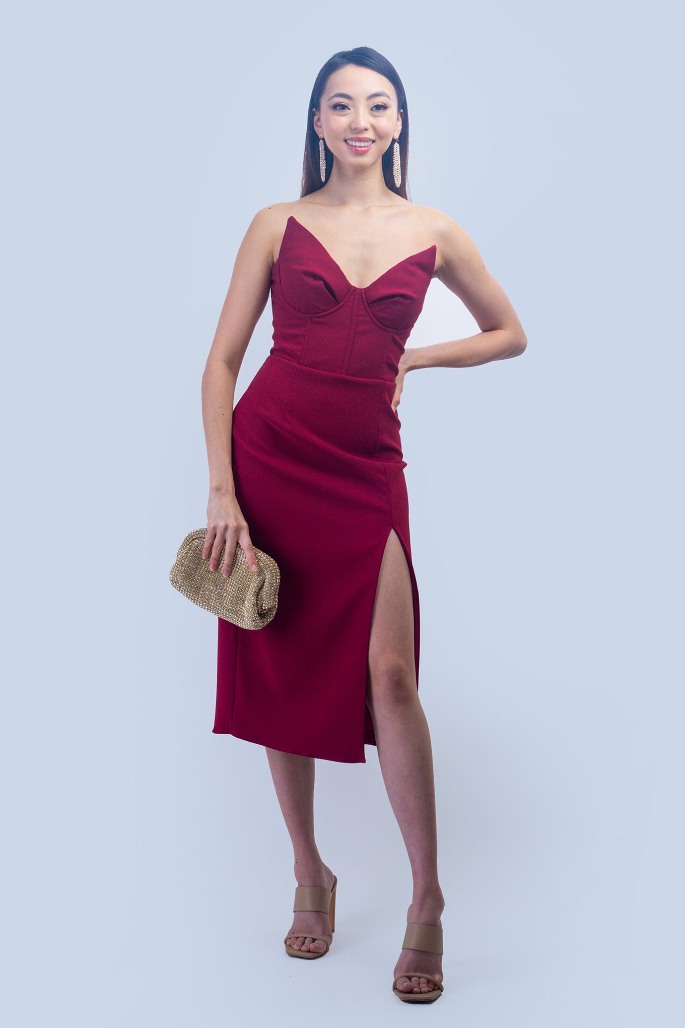 DCD DRESSES Burgundy Pointed Corset Slim Dress