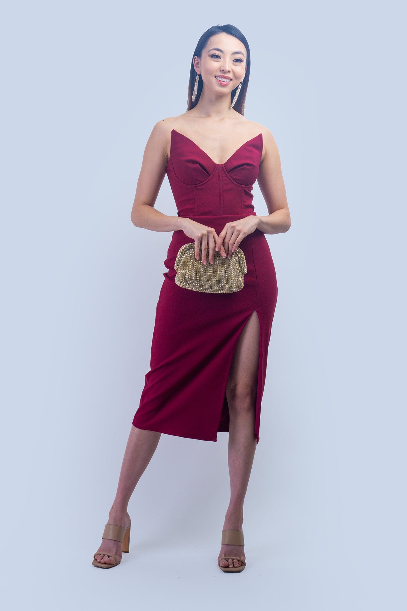 DCD DRESSES Burgundy Pointed Corset Slim Dress