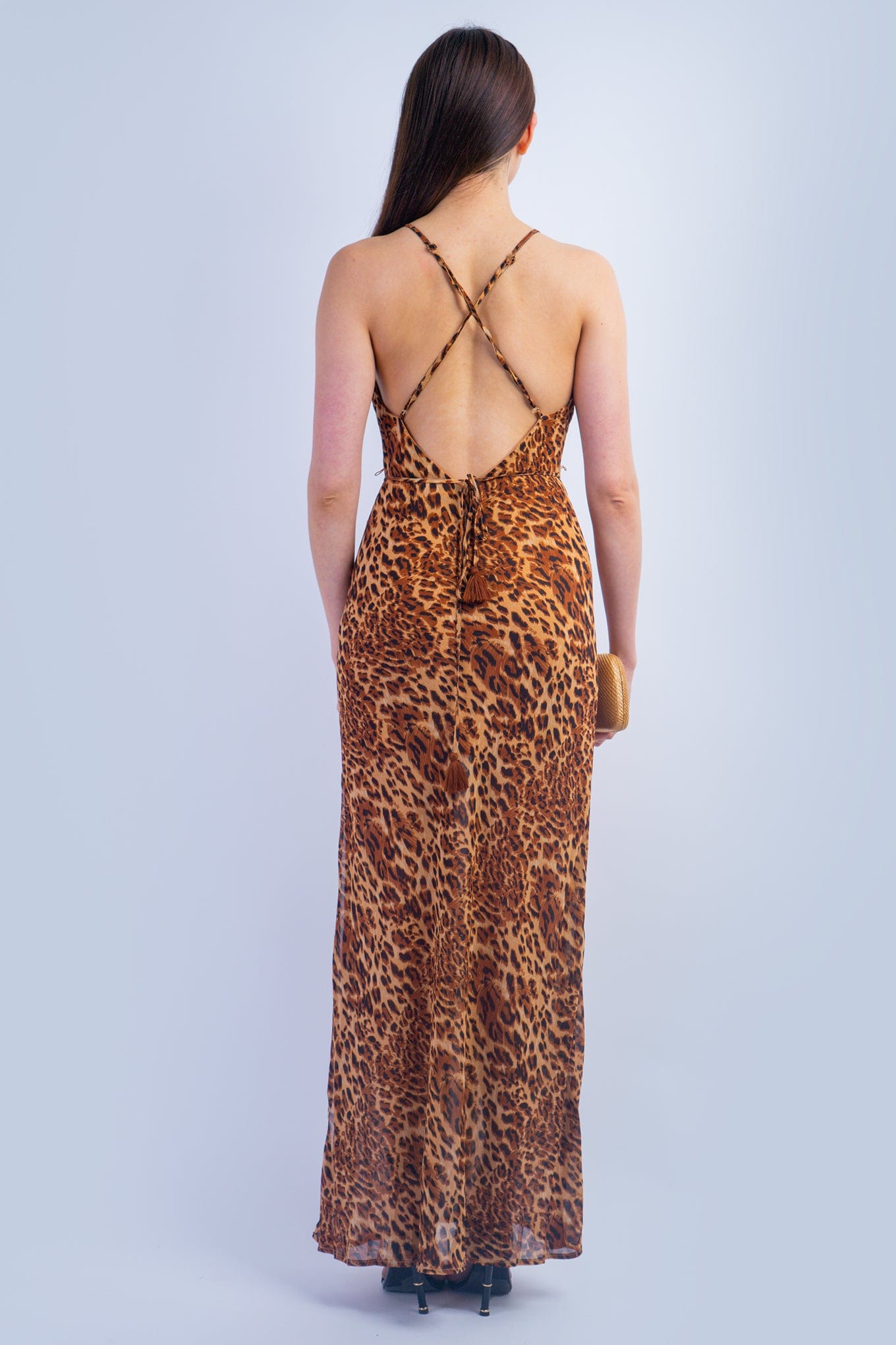 DCD DRESSES Cheetah V Neck Strappy Chiffon Slip Maxi