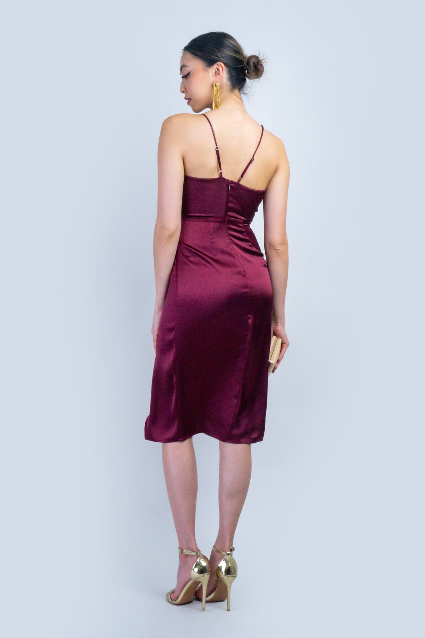 DCD DRESSES Deep Burgundy Satin Cowl Midi Dress