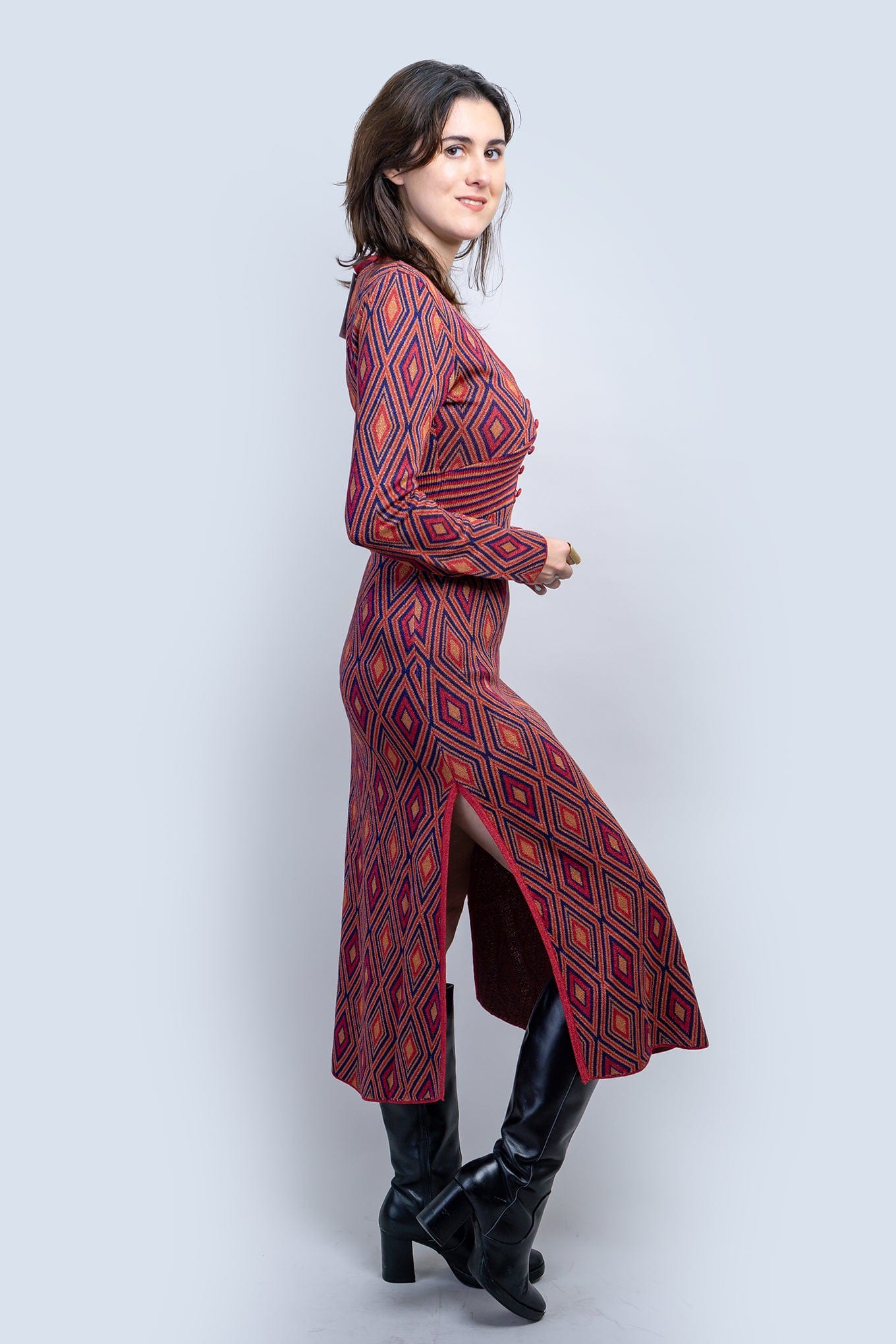 DCD DRESSES Deep Red Deco Print Knit Maxi Dress