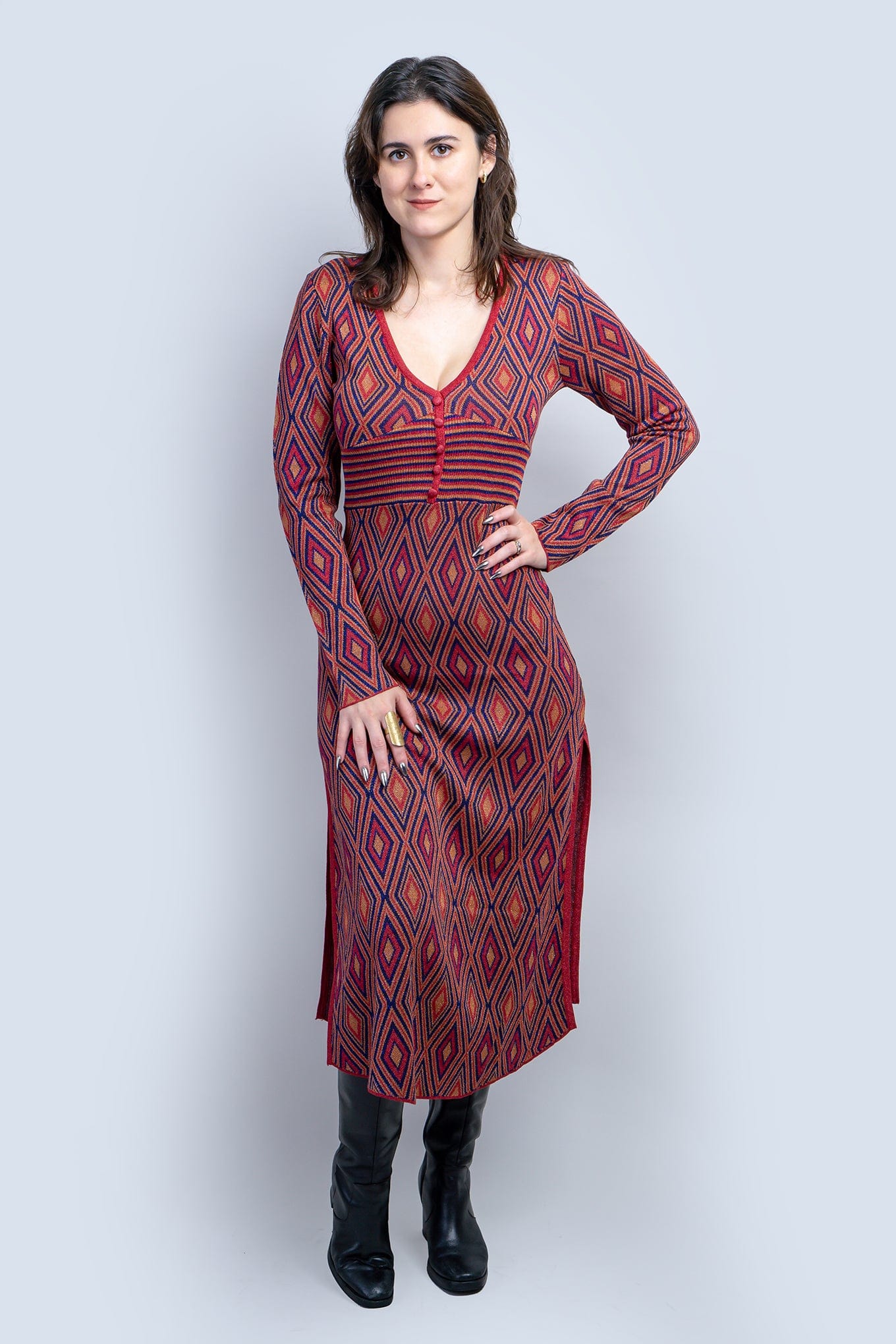 DCD DRESSES Deep Red Deco Print Knit Maxi Dress