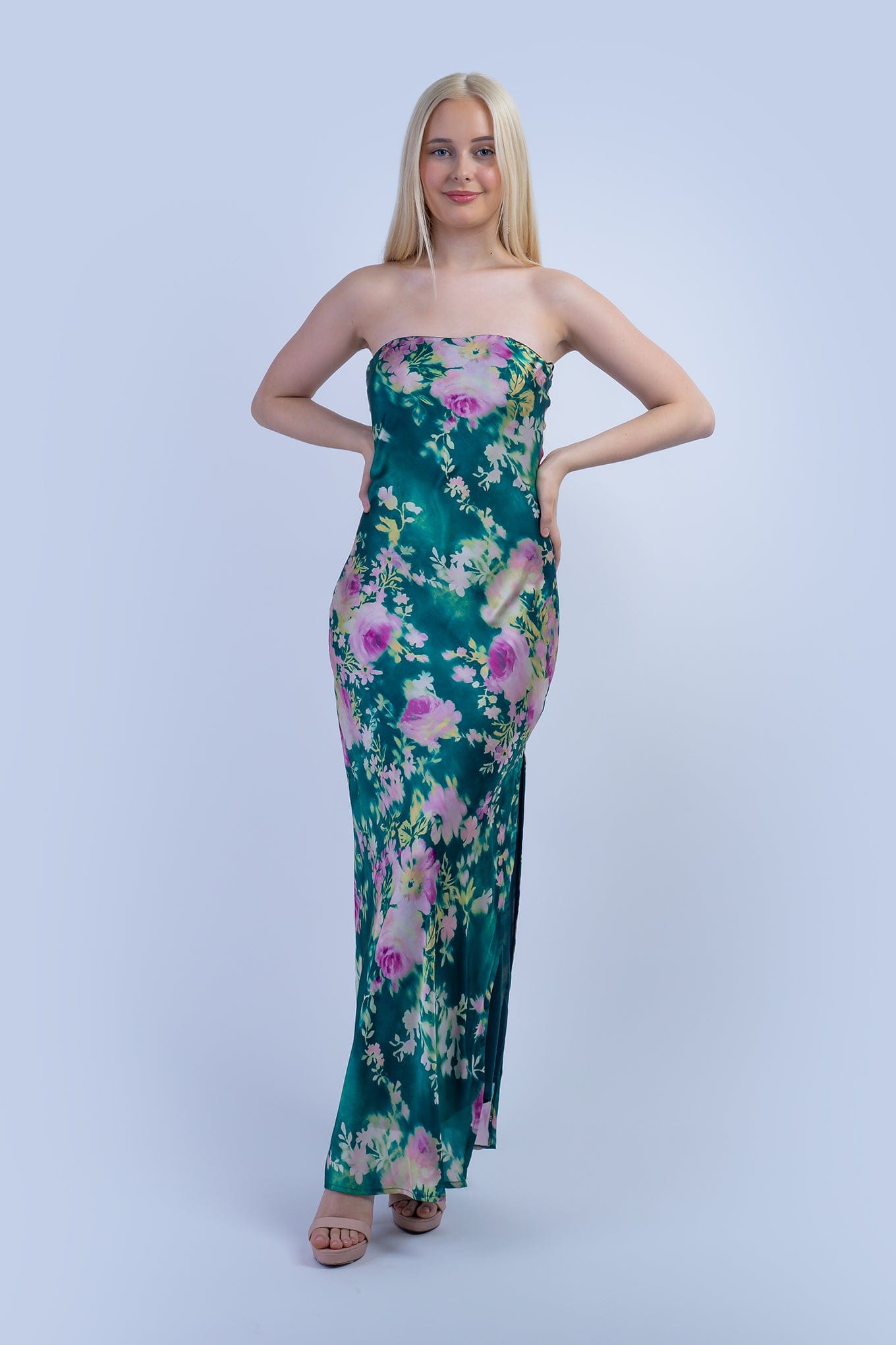 DCD DRESSES Green and Pink Floral Strapless Bias Dress