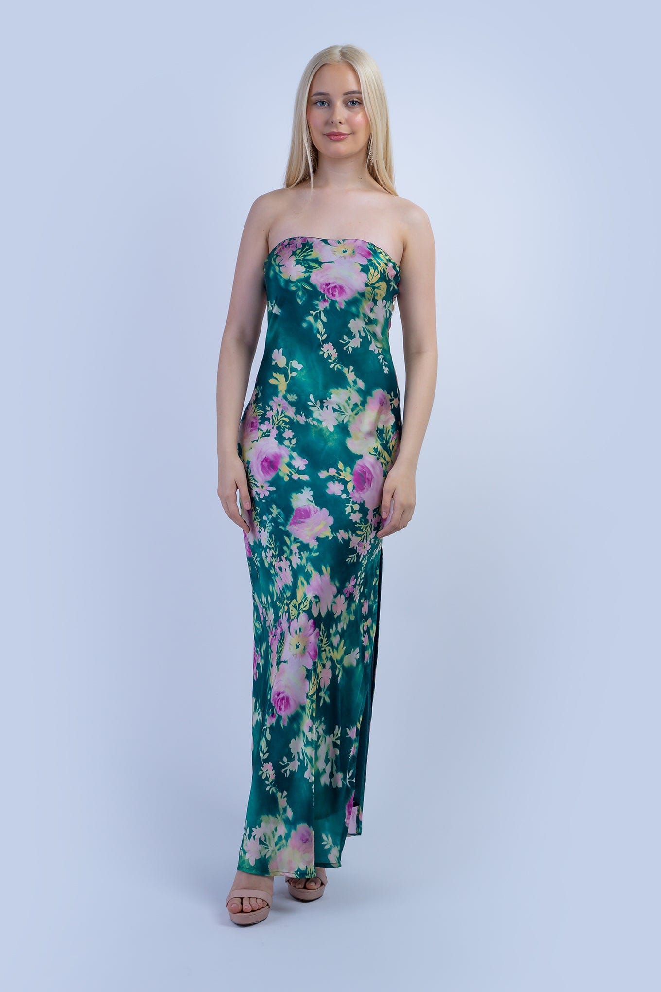 DCD DRESSES Green and Pink Floral Strapless Bias Dress