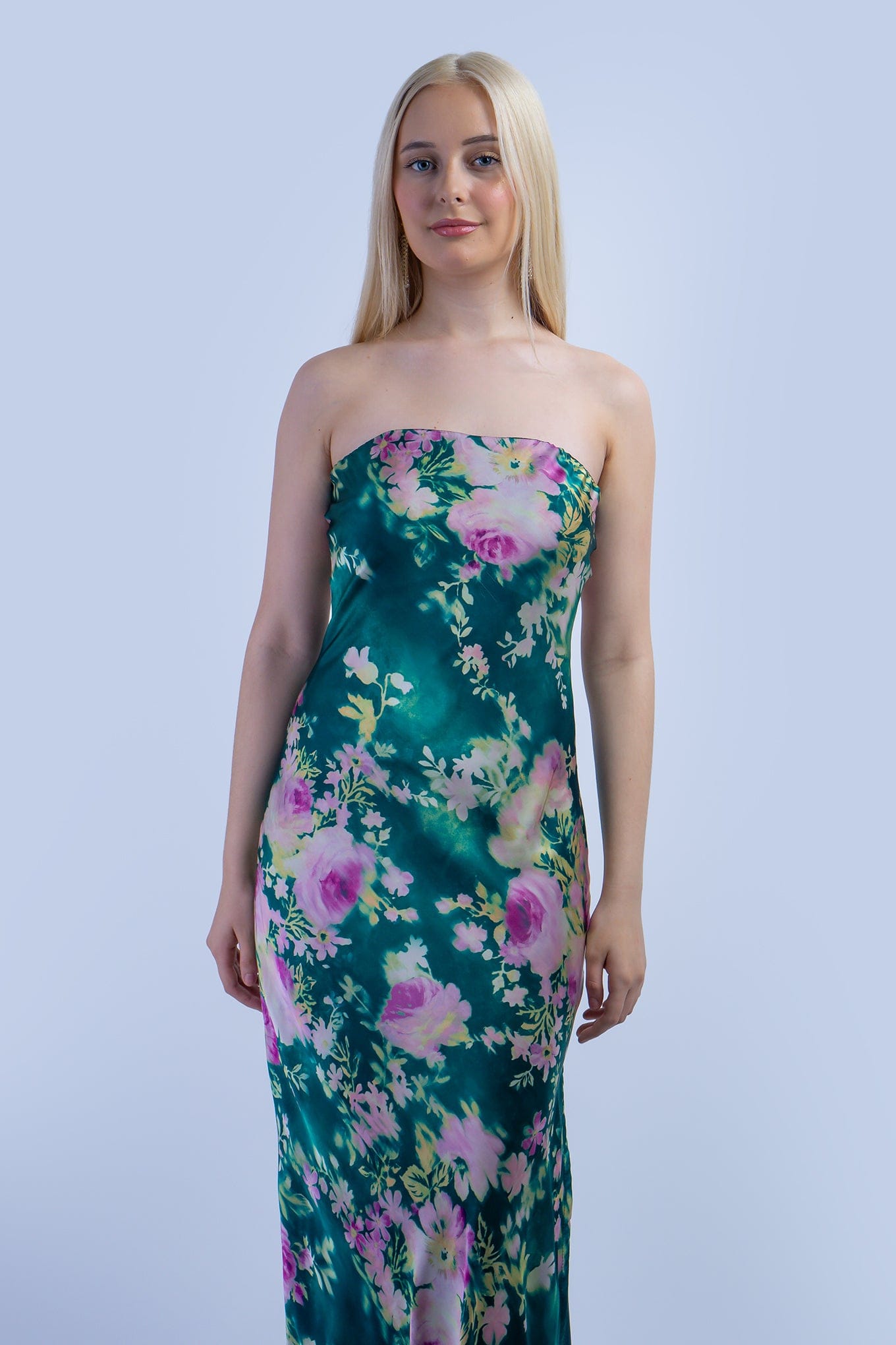 DCD DRESSES Green and Pink Floral Strapless Bias Dress