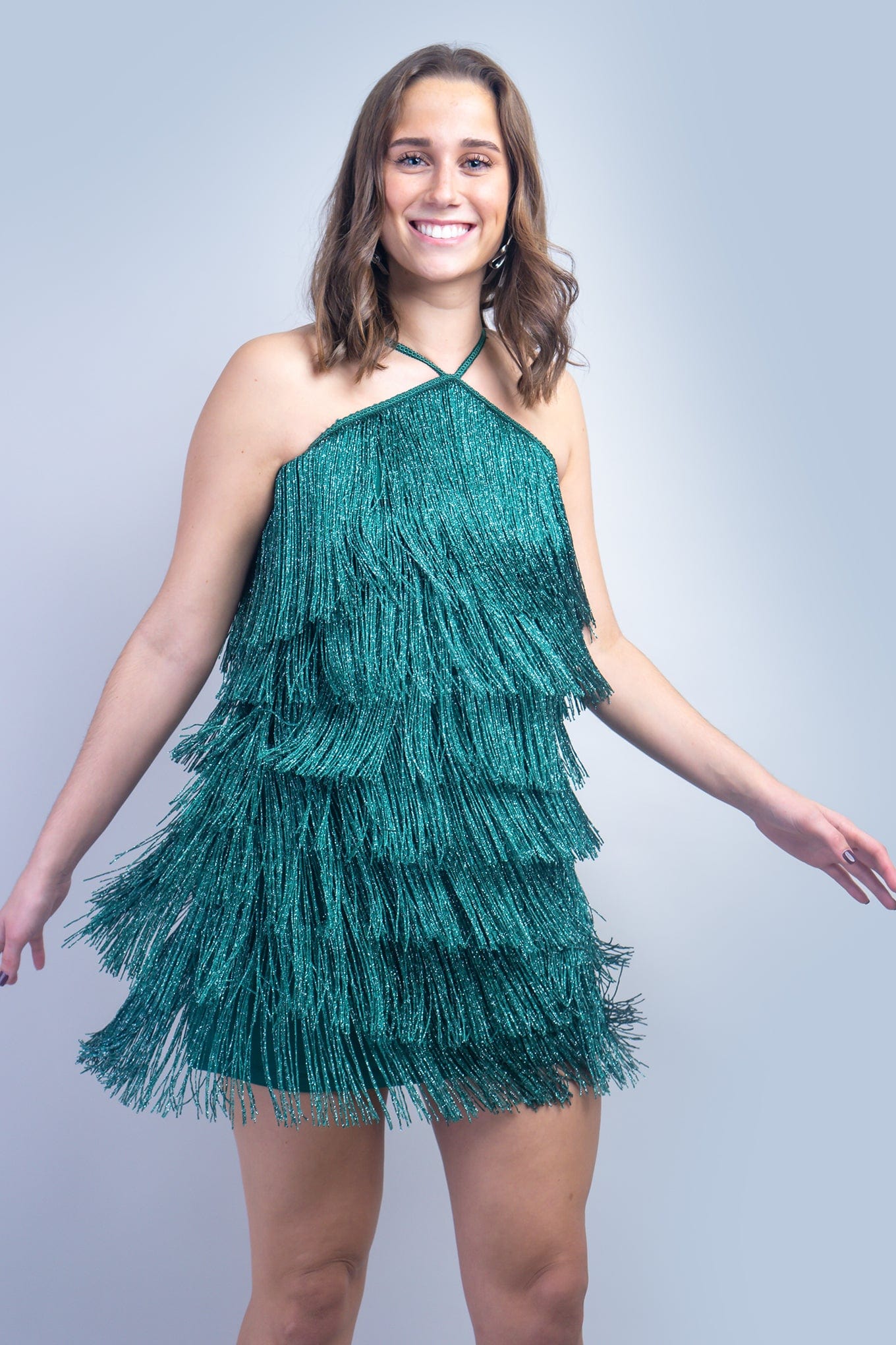 DCD DRESSES Green  Lurex Fringe Tiers Dress