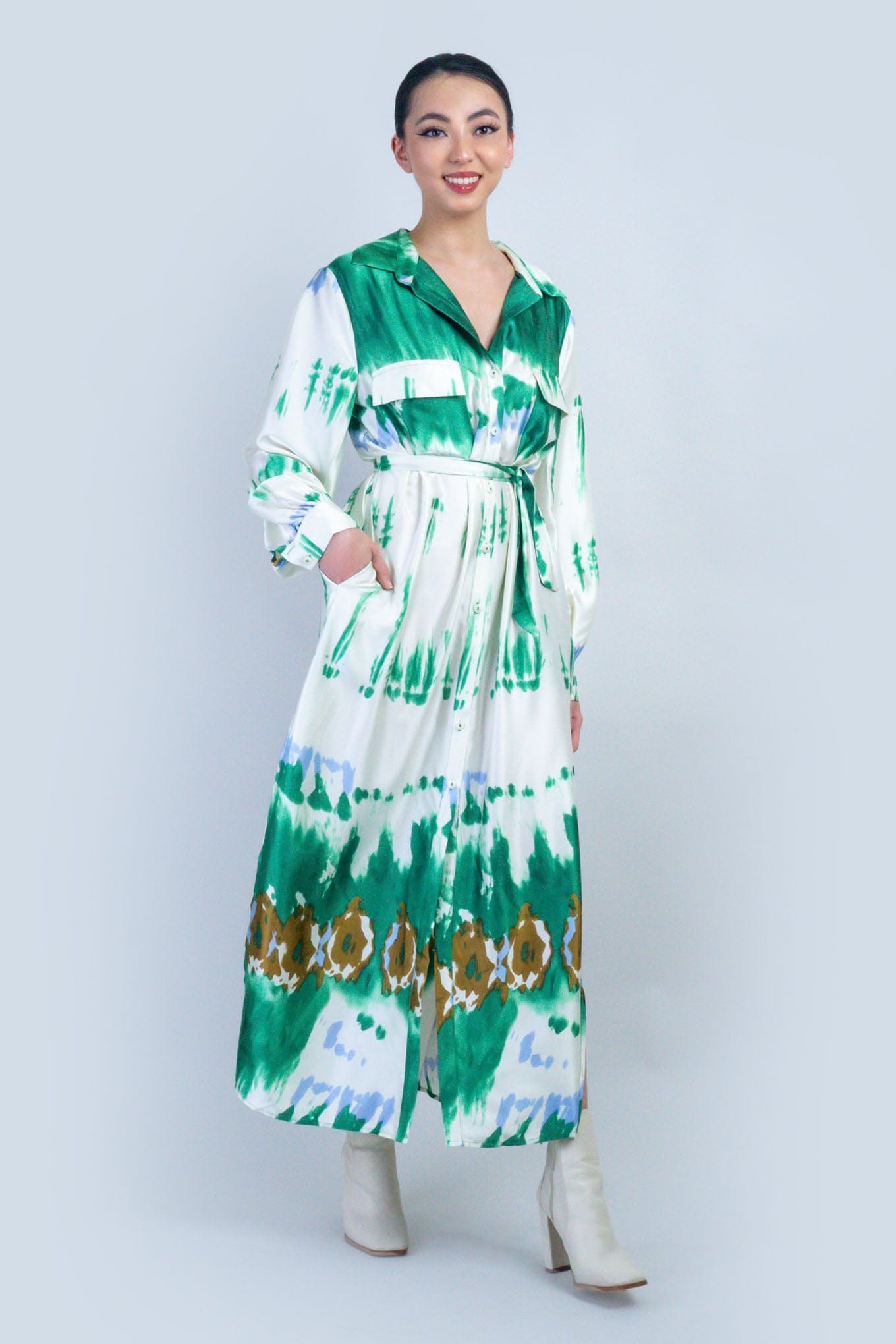 DCD DRESSES Green Watercolor Maxi Shirt Dress