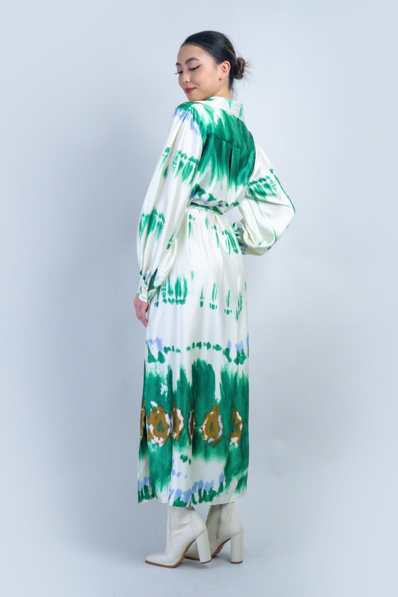 DCD DRESSES Green Watercolor Maxi Shirt Dress