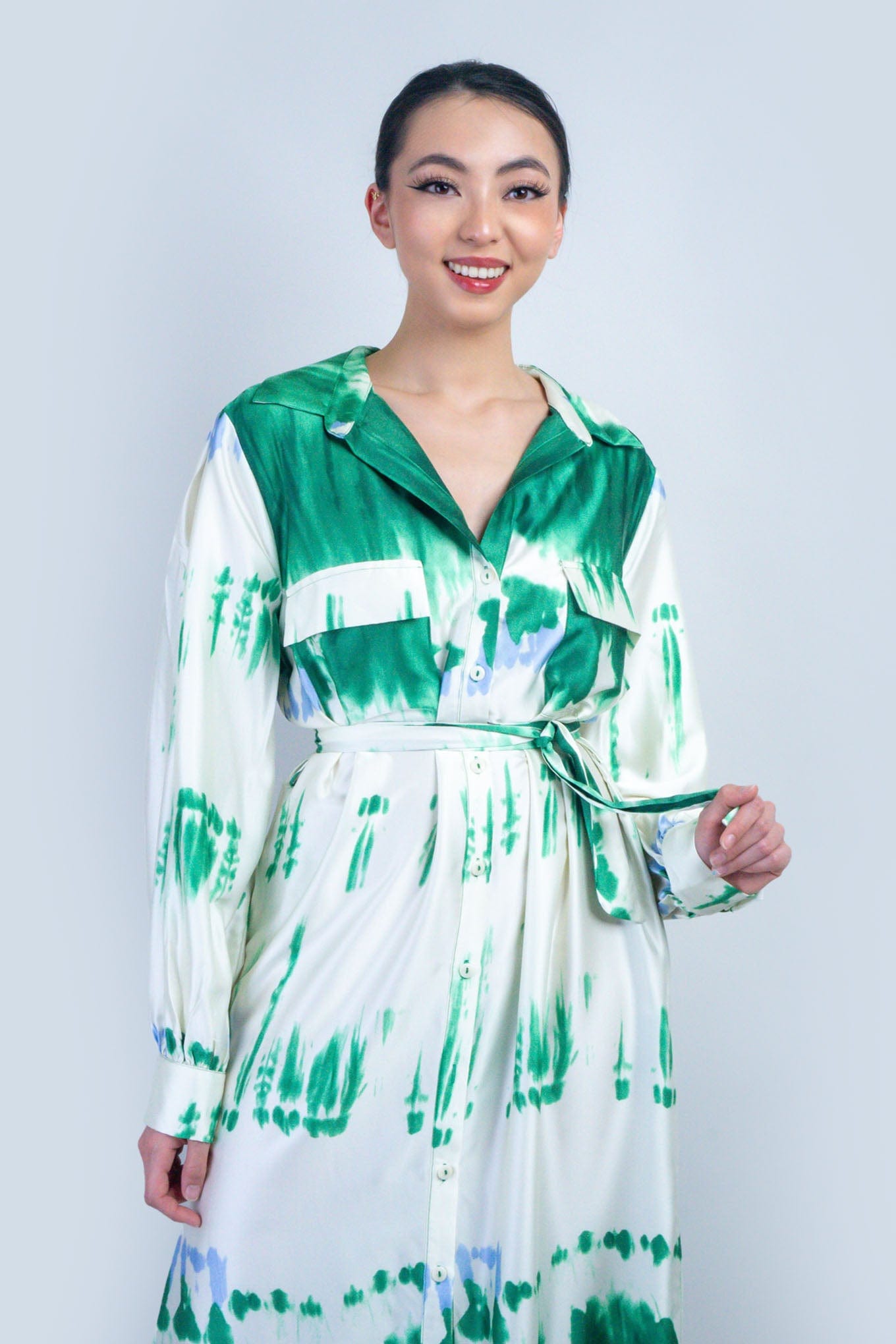 DCD DRESSES Green Watercolor Maxi Shirt Dress